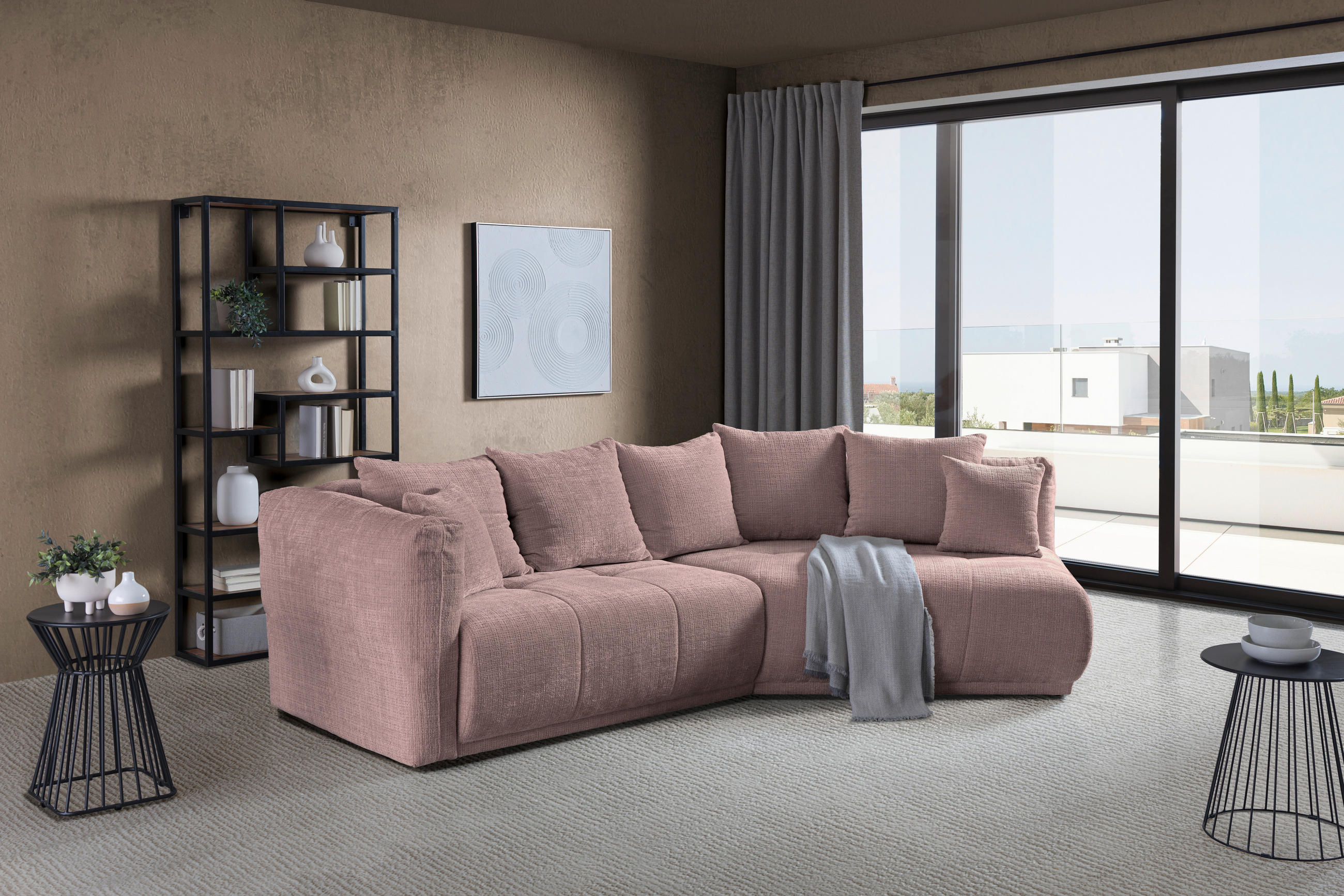 ECKSOFA in Chenille Rosa  315/180 cm  - Schwarz/Rosa, MODERN, Kunststoff/Textil (315/180cm) - Hom`in