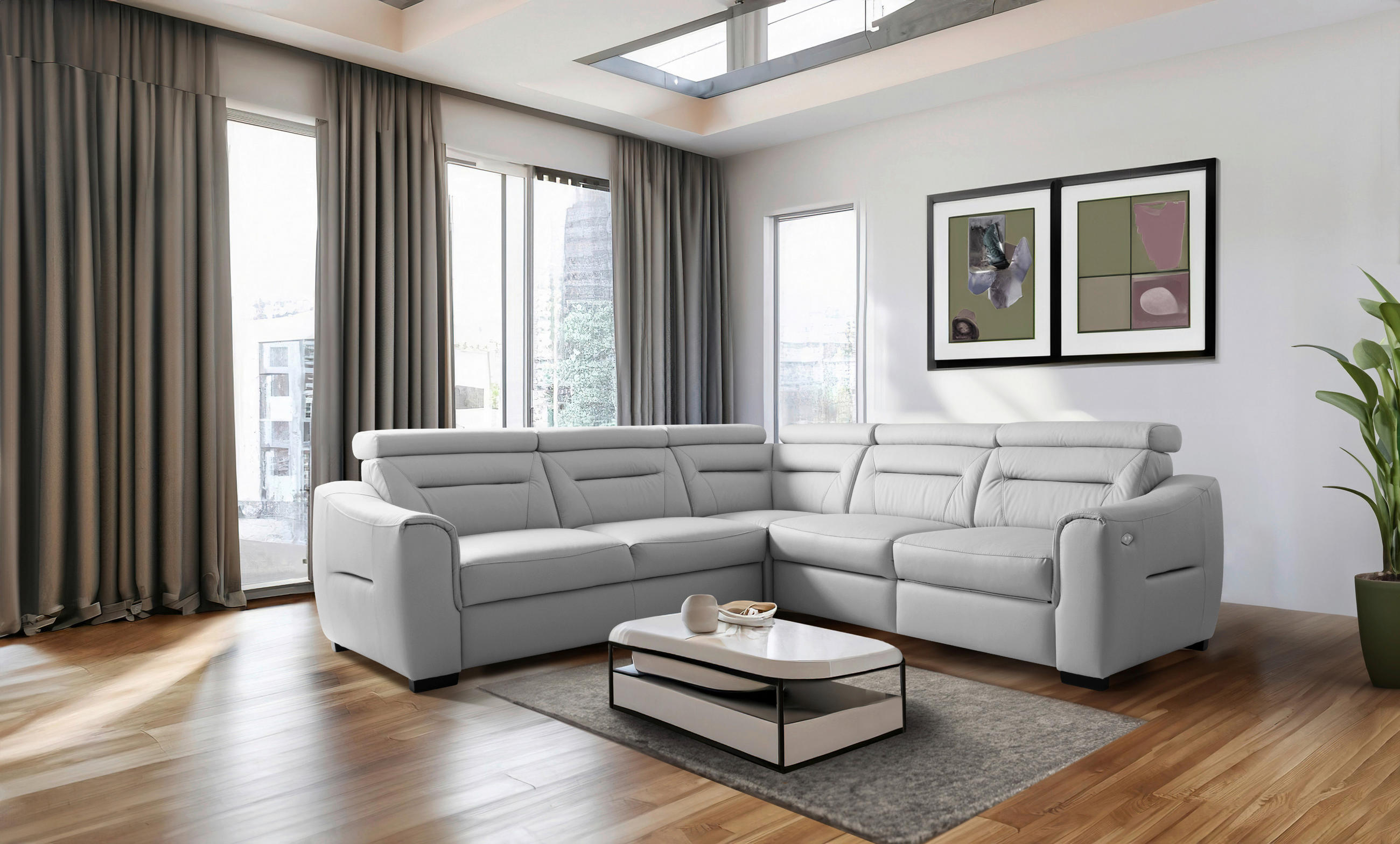 ECKSOFA  in Lederlook Echtleder Platinfarben  - Platinfarben/Wengefarben, Design, Leder/Holz (260/260cm) - Celina Home