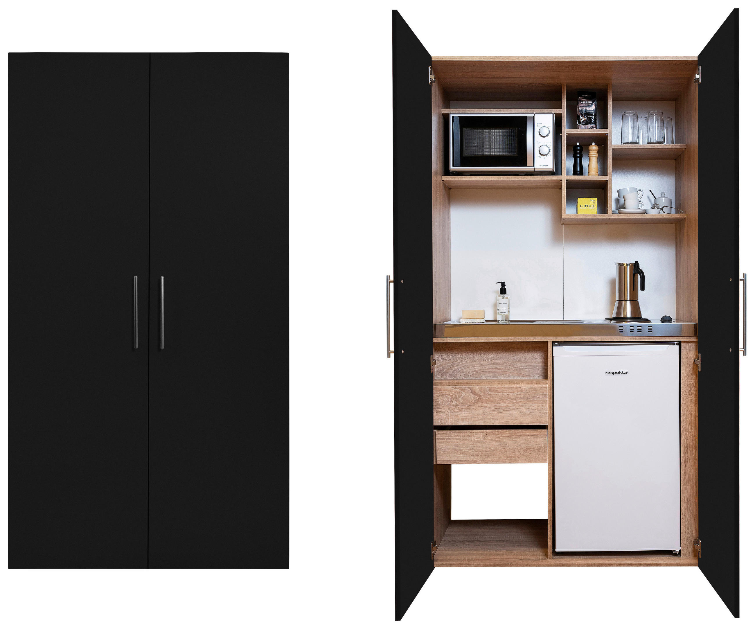 SCHRANKKÜCHE 104/193/67 cm  in Schwarz, Eichefarben  - Edelstahlfarben/Eichefarben, Konventionell, Holzwerkstoff/Metall (104/193/67cm) - Respekta