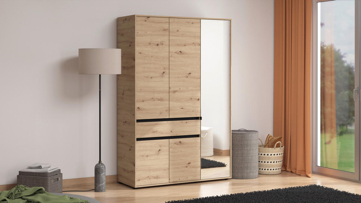 DREHTÜRENSCHRANK 5-türig Schwarz, Eiche Artisan  - Schwarz/Eiche Artisan, Basics, Glas/Holzwerkstoff (138/210,5/54cm) - Xora