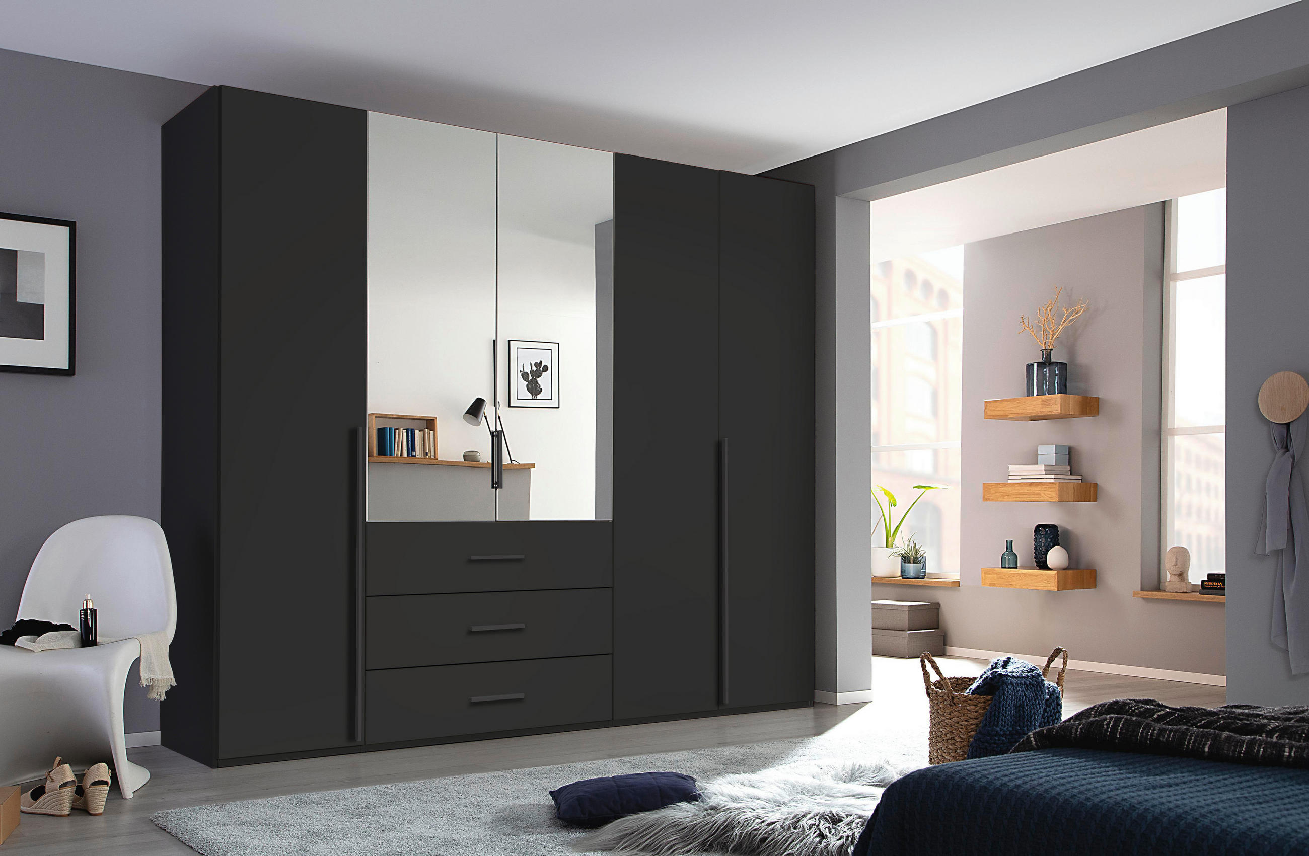 DREHTÜRENSCHRANK 251/223/60 cm,  in Schwarz, 5-türig  - Graphitfarben/Schwarz, Design, Glas/Holzwerkstoff (251/223/60cm) - home24