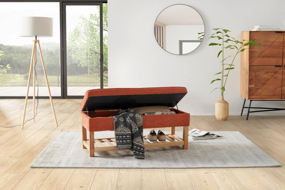 HOCKERBANK 110/49/43 cm Webstoff Orange, Naturfarben Kiefer, Kautschukholz massiv, Sperrholz  - Naturfarben/Orange, Design, Holz/Textil (110/49/43cm) - MID.YOU