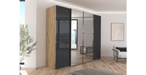 SCHWEBETÜRENSCHRANK 271/235/68 cm 4-türig Schwarz, Eiche Artisan - Chromfarben/Schwarz, Design, Glas/Holzwerkstoff (271/235/68cm) - Novel