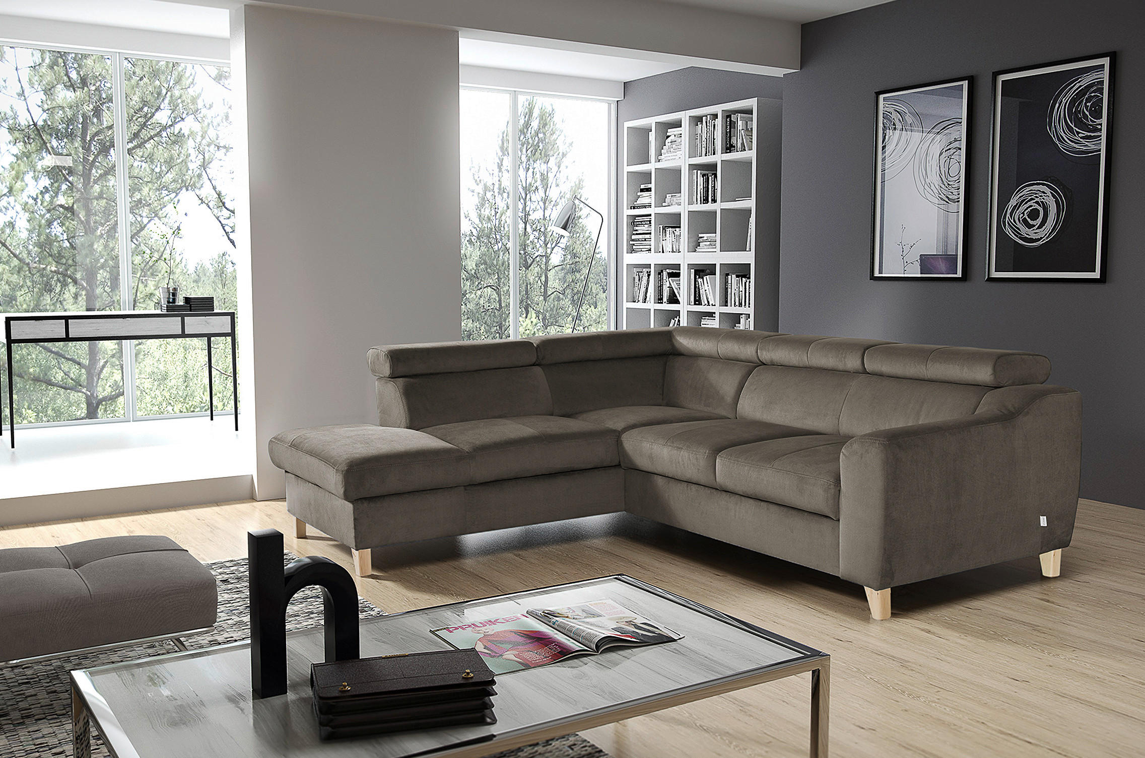 ECKSOFA in Webstoff Graubraun - Graubraun/Buchefarben, Design, Holz/Textil (208/245cm) - Livetastic