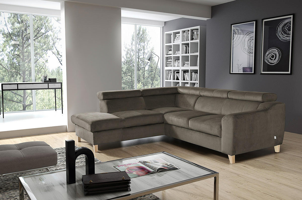 ECKSOFA in Webstoff Graubraun  - Graubraun/Buchefarben, Design, Holz/Textil (208/245cm) - Livetastic