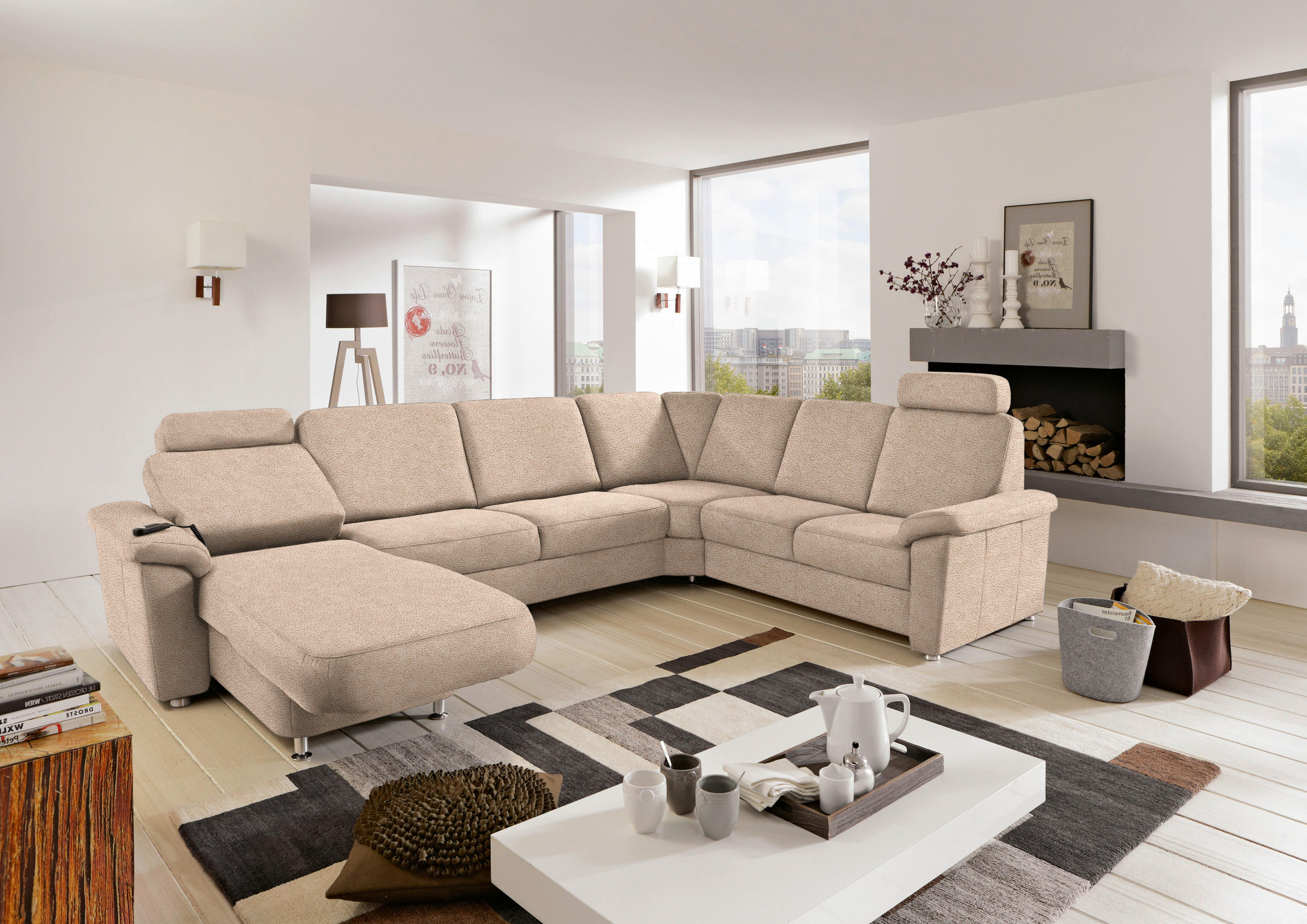 WOHNLANDSCHAFT in Flachgewebe Beige  - Chromfarben/Beige, KONVENTIONELL, Textil/Metall (163/330/240cm) - Beldomo System