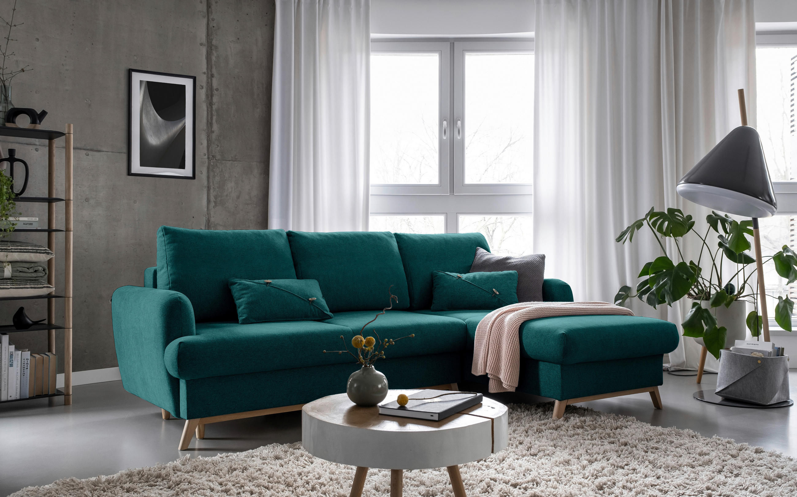 ECKSOFA in Chenille Türkis  - Türkis/Naturfarben, Holz/Textil (235/157cm) - MID.YOU