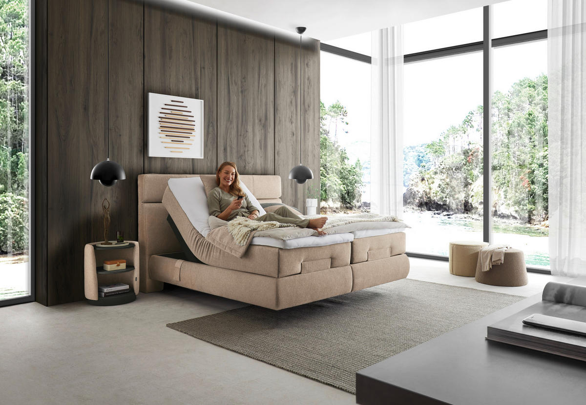 BOXSPRINGBETT 180/200 cm,  in Beige, motorische Verstellbarkeit, Matratzen, H3 + H3 = fest  - Beige/Schwarz, Design, Kunststoff/Textil (180/200cm) - Dieter Knoll