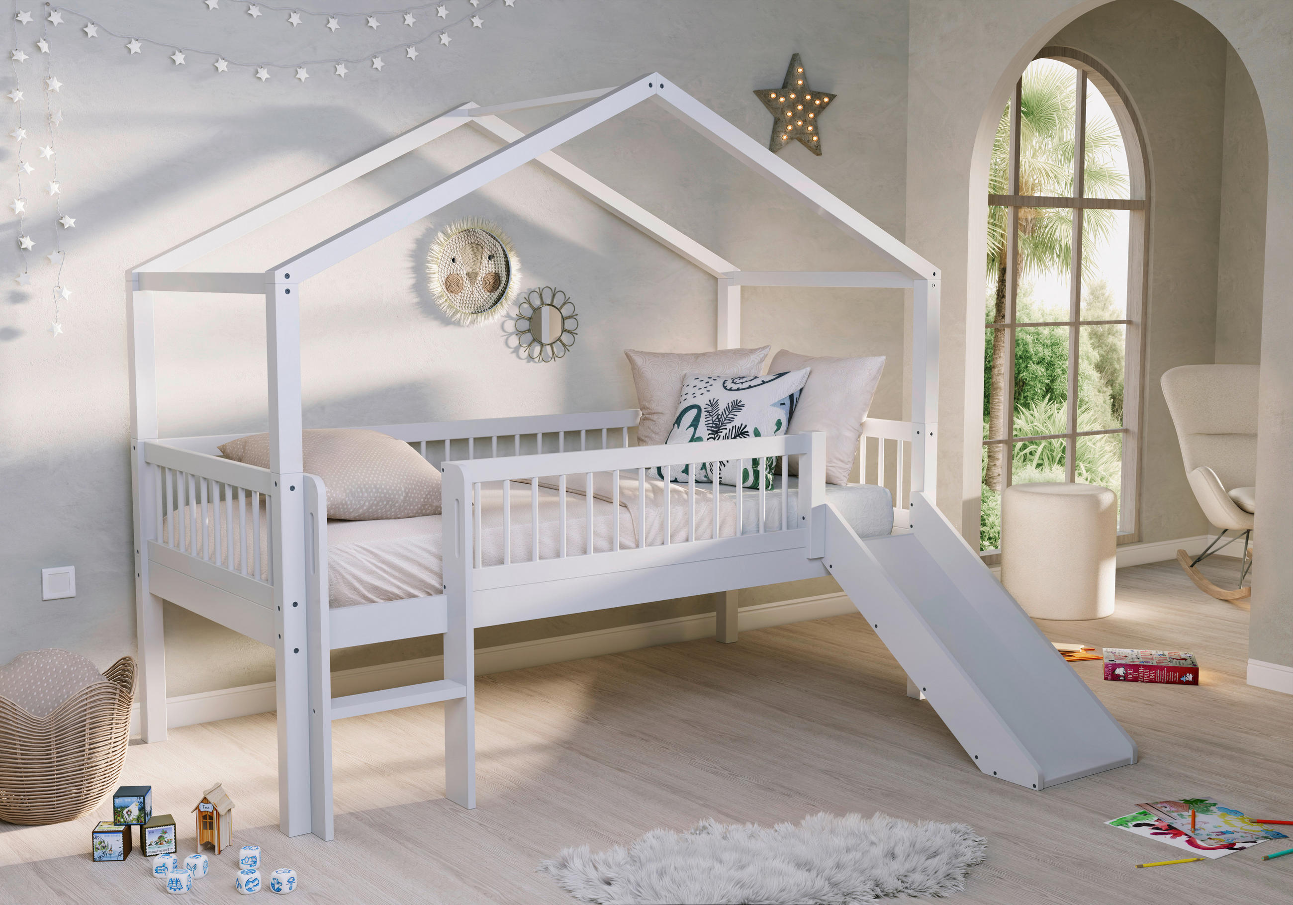 HAUSBETT Absturzsicherung, Leiter, Rutsche, Rollrost 90/200 cm  - Naturfarben/Weiß, MODERN, Holz (90/200cm) - Vipack