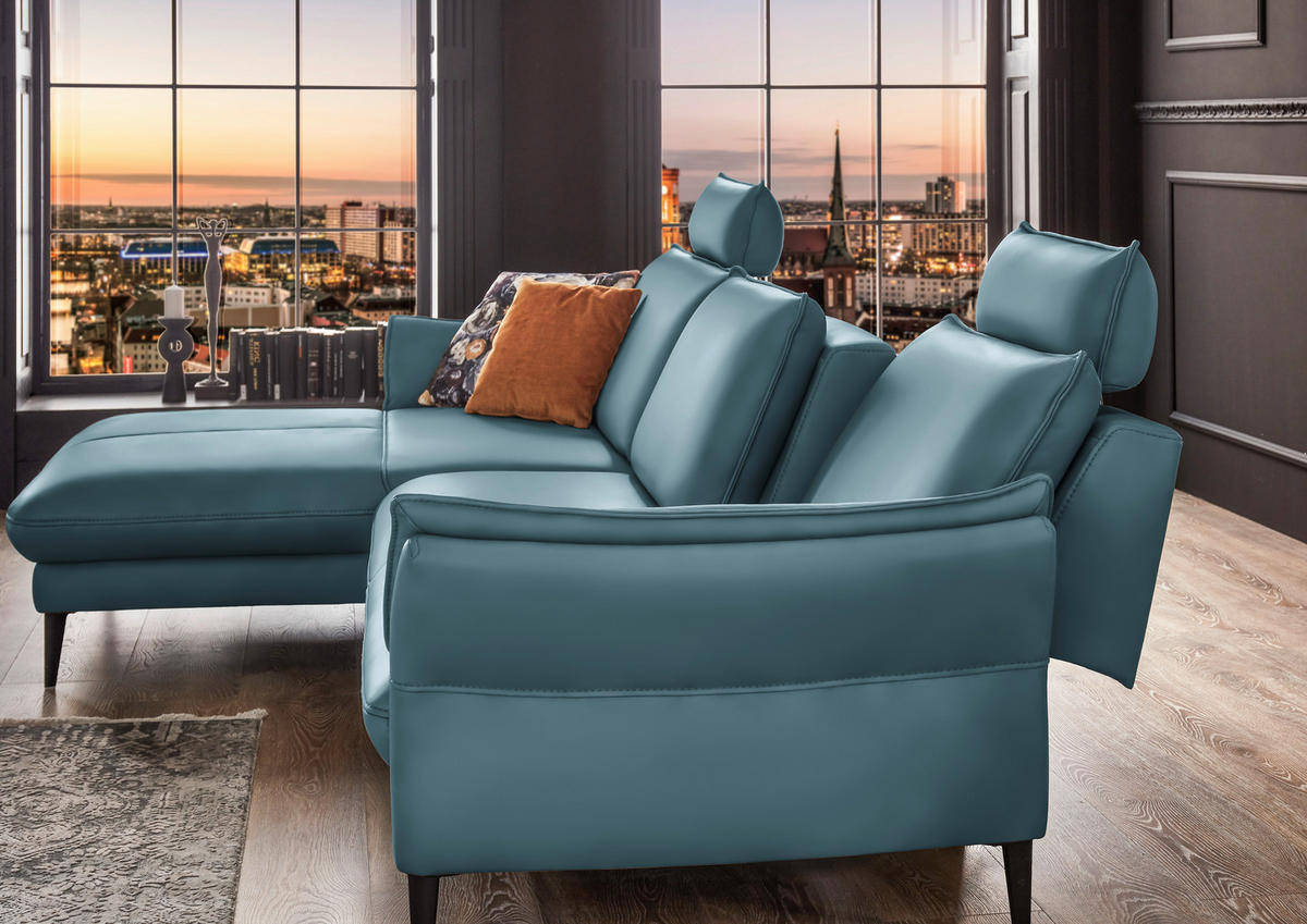 ECKSOFA inkl. Funktion Blau Echtleder  - Blau/Schwarz, Design, Leder/Metall (172/334cm) - Hukla