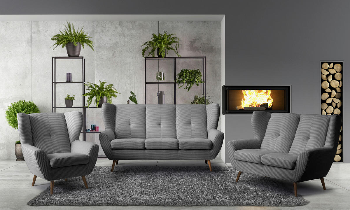 3-SITZER-SOFA Cord Grau  - Eichefarben/Grau, Design, Holz/Textil (190/102/90cm) - Stylife