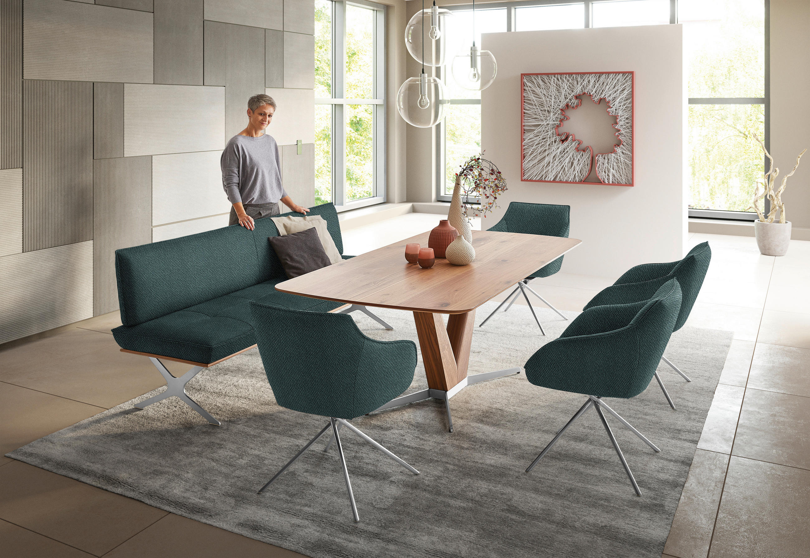 SITZBANK 214/88/66 cm  in Nussbaumfarben, Nickelfarben, Petrol  - Edelstahlfarben/Nussbaumfarben, Design, Holz/Textil (214/88/66cm) - Koinor