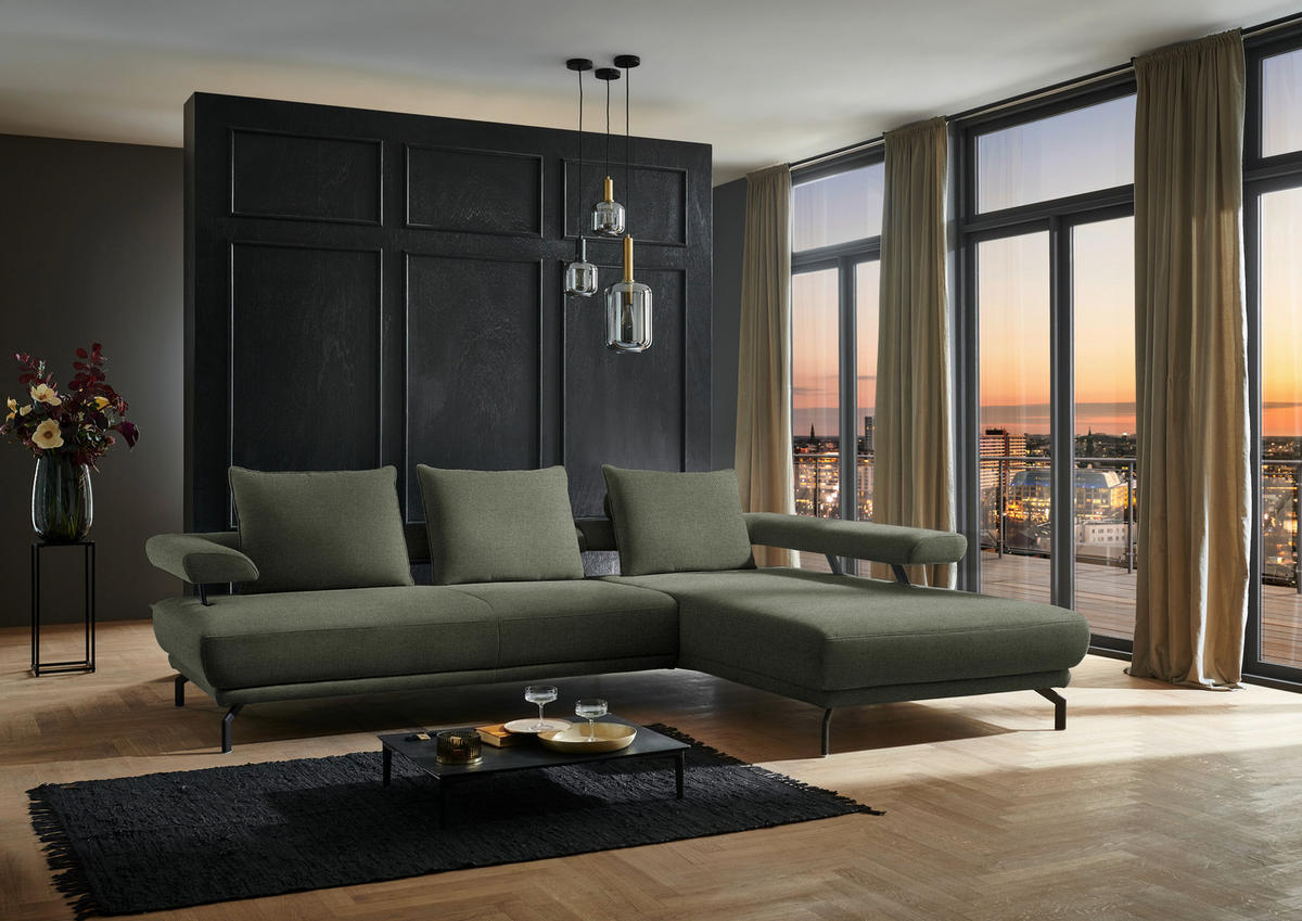 ECKSOFA in Chenille Olivgrün  - Schwarz/Olivgrün, Design, Textil/Metall (305/224cm) - Dieter Knoll