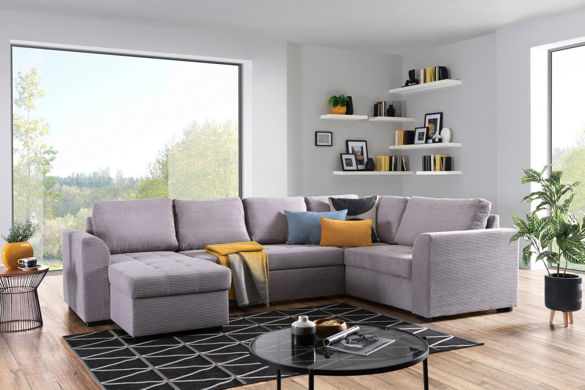 WOHNLANDSCHAFT in Cord, Velours Hellgrau  - Hellgrau/Schwarz, Design, Kunststoff/Textil (160/311/205cm) - Xora