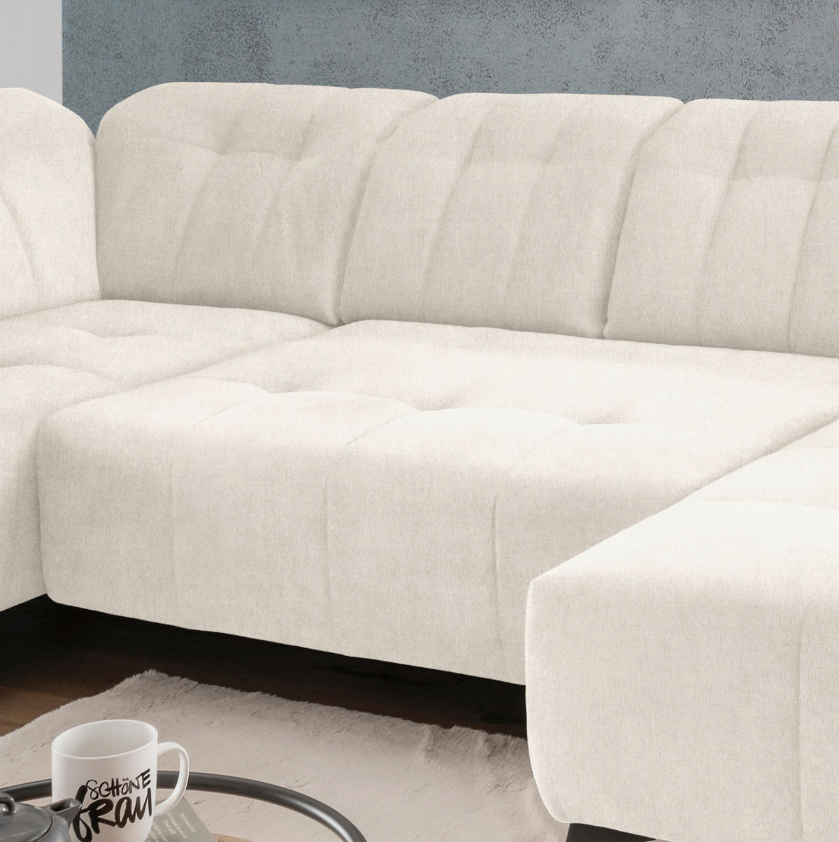 WOHNLANDSCHAFT Creme Mikrofaser  - Creme/Schwarz, MODERN, Textil/Metall (200/337/180cm) - Livetastic
