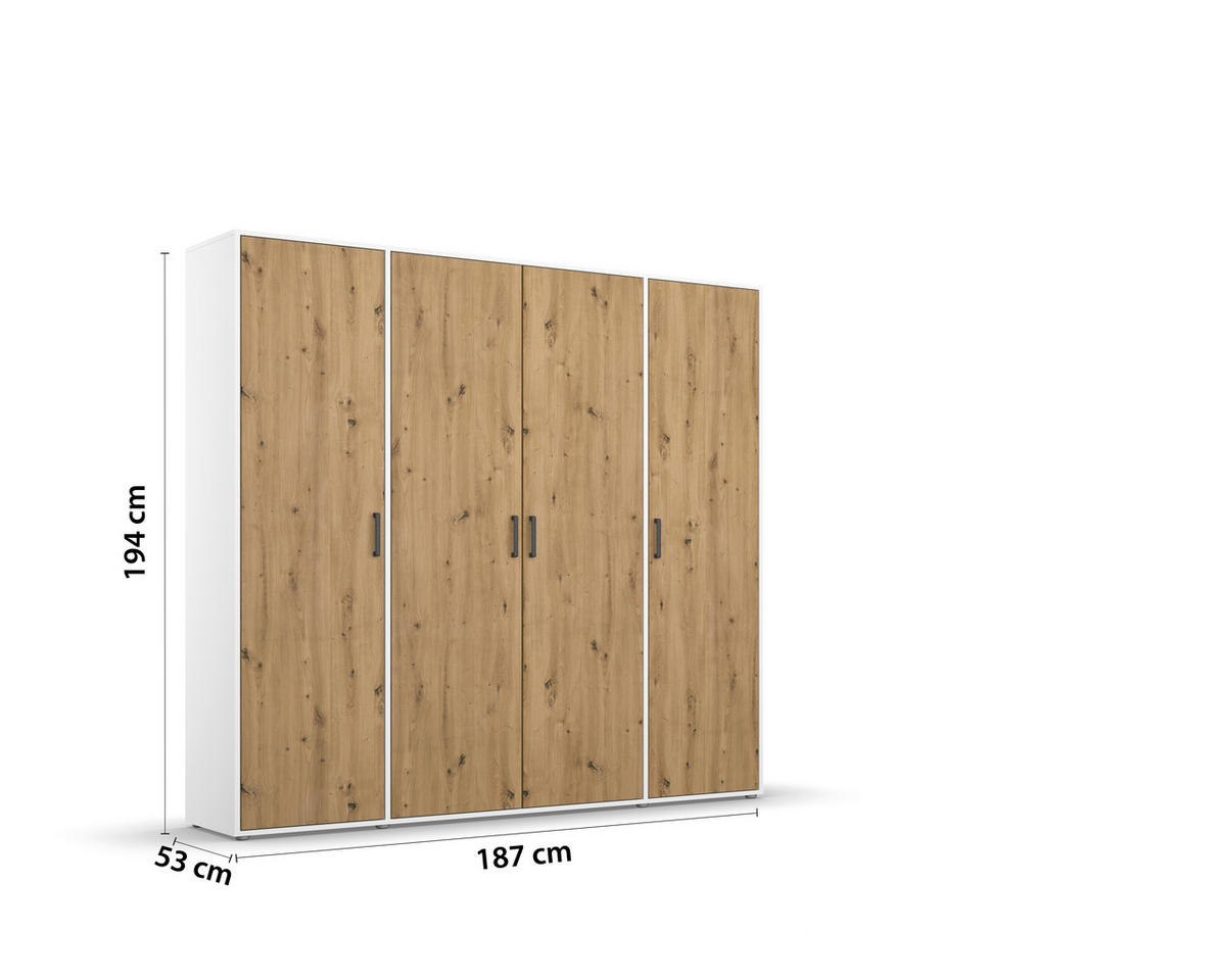 DREHTÜRENSCHRANK in Weiss, Eiche Artisan  - Weiss/Eiche Artisan, Modern, Holzwerkstoff/Kunststoff (187/194/53cm) - Rauch Möbel