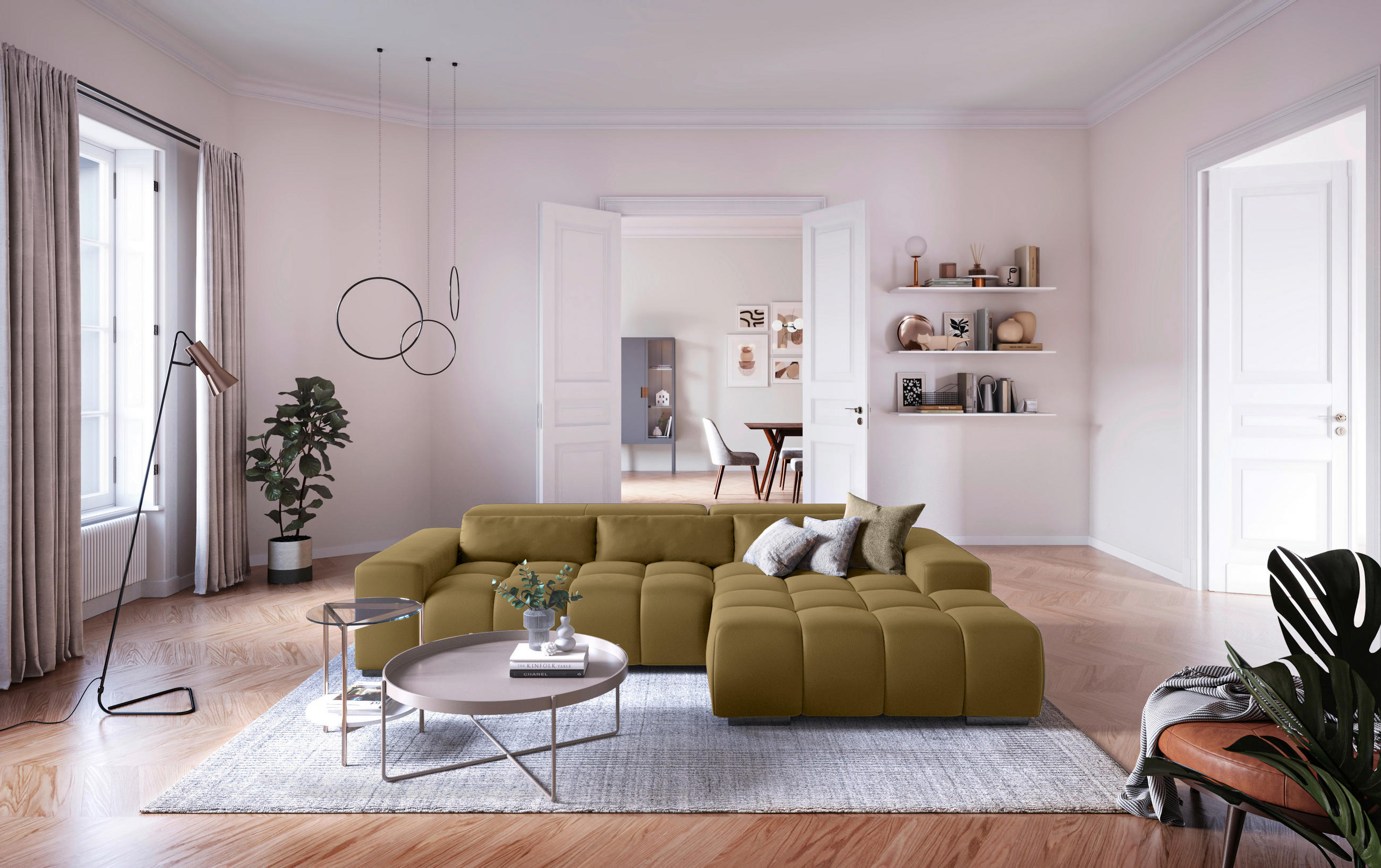 ECKSOFA Olivgrün Velours  - Silberfarben/Olivgrün, KONVENTIONELL, Textil/Metall (307/186cm) - Livetastic