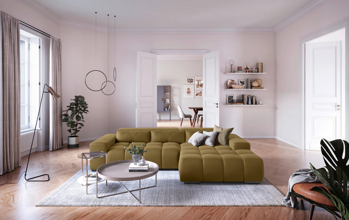 ECKSOFA Olivgrün Velours  - Silberfarben/Olivgrün, KONVENTIONELL, Textil/Metall (307/186cm) - Livetastic