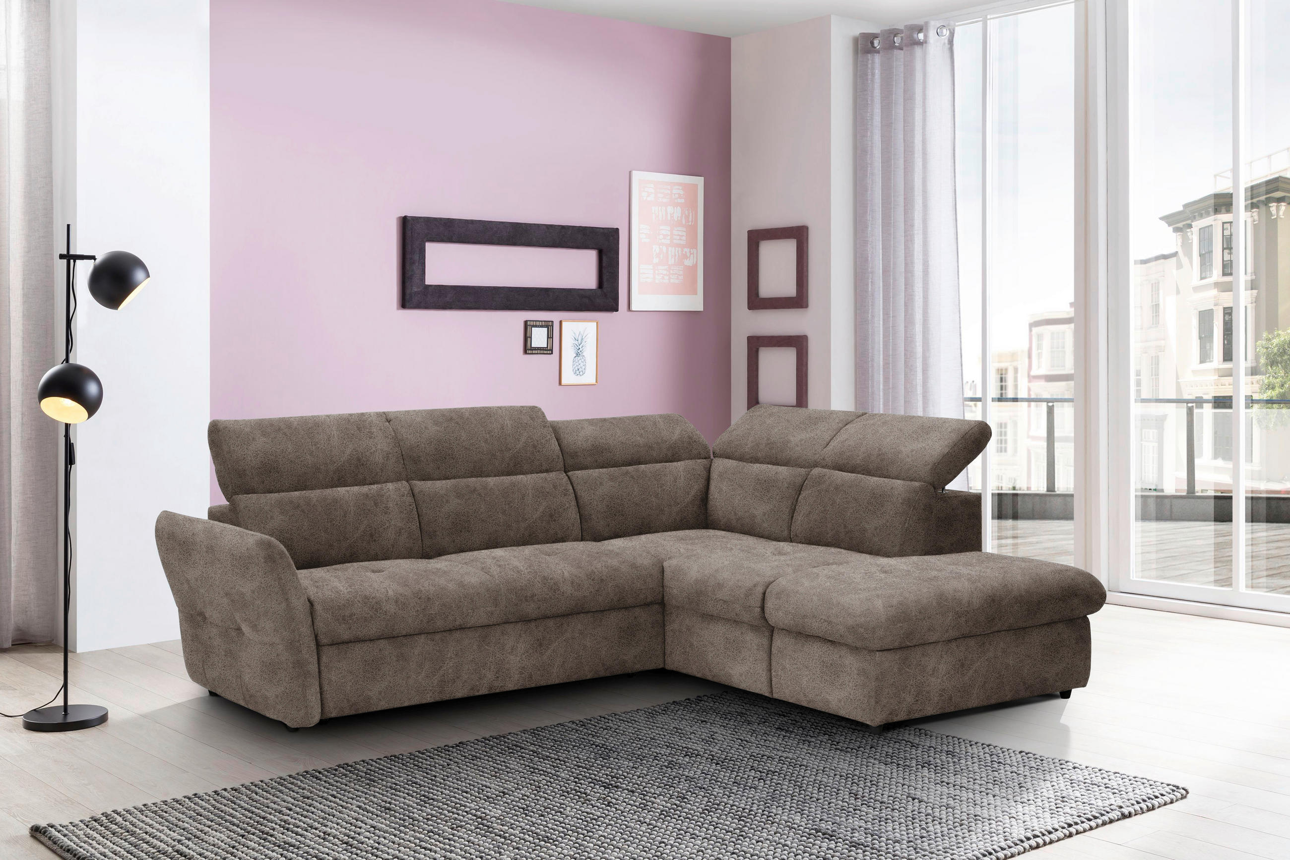 ECKSOFA in Mikrofaser Graubraun  254/224 cm  - Graubraun/Schwarz, Design, Kunststoff/Textil (254/224cm) - Stylife
