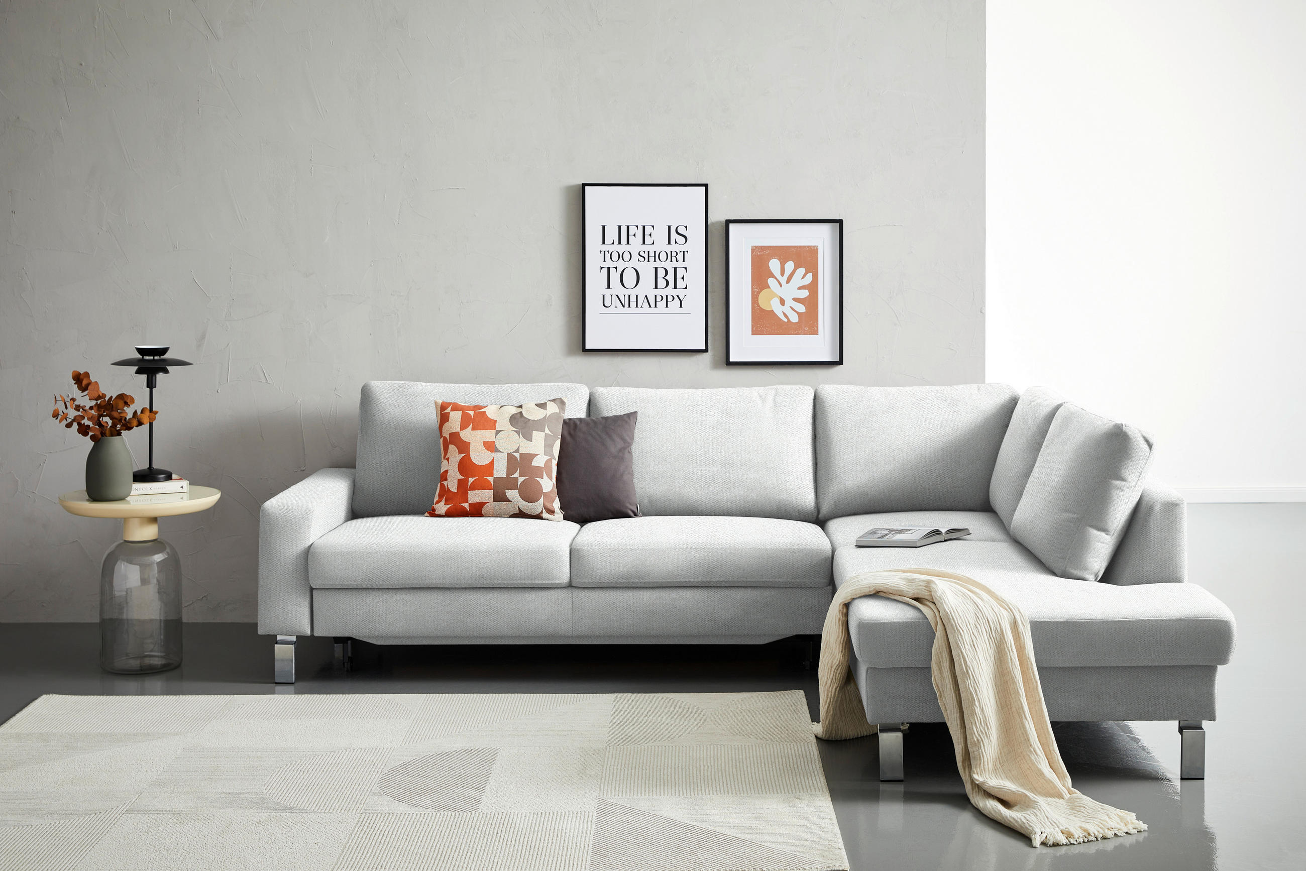 ECKSOFA in Flachgewebe Silberfarben  - Chromfarben/Silberfarben, Design, Textil/Metall (276/200cm) - Hom`in
