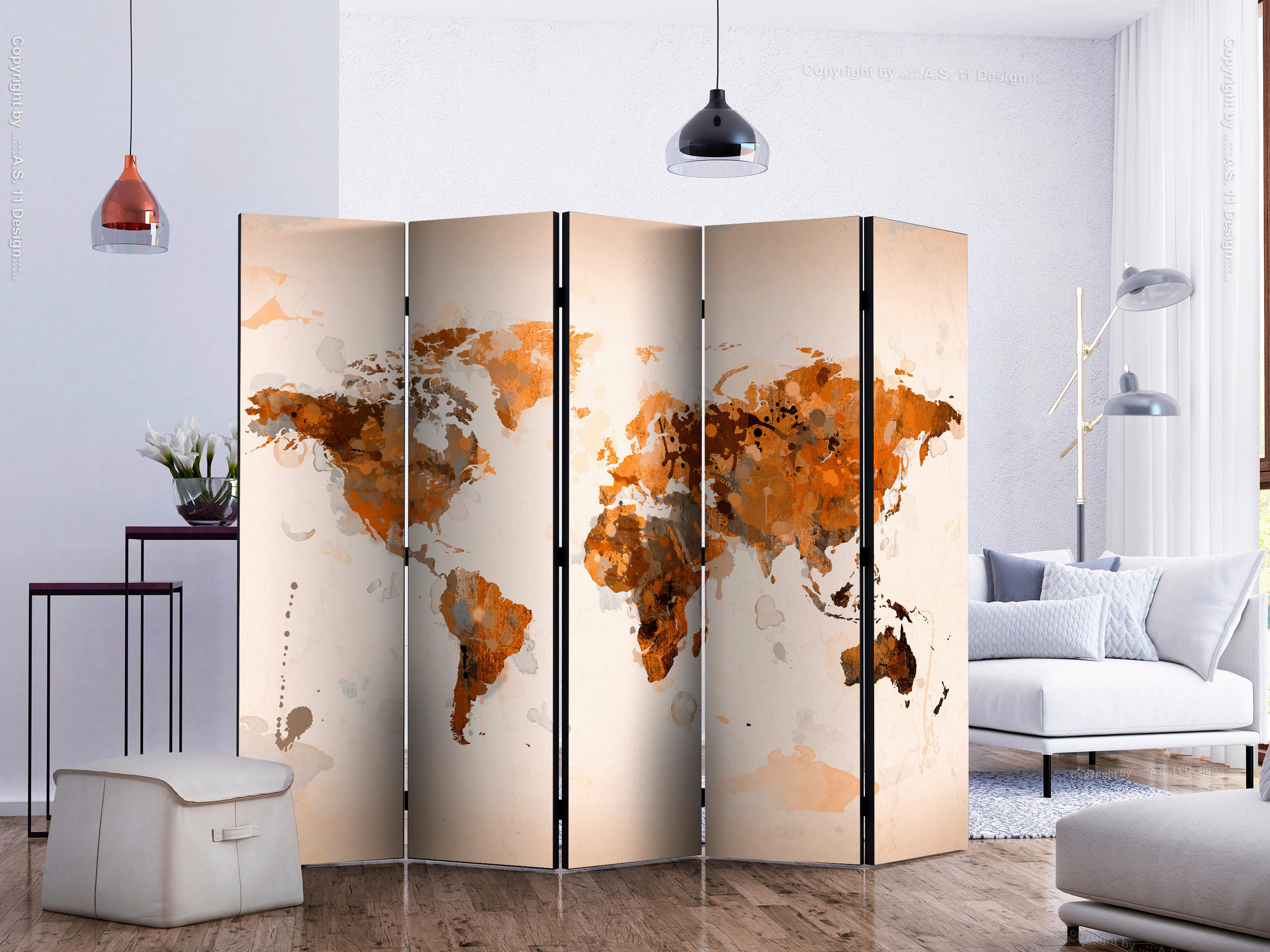 Paravent doppeltseitig mit 5  Flügel - Cognac/Beige, Basics, Holz/Textil (225/172/3cm) - artgeist