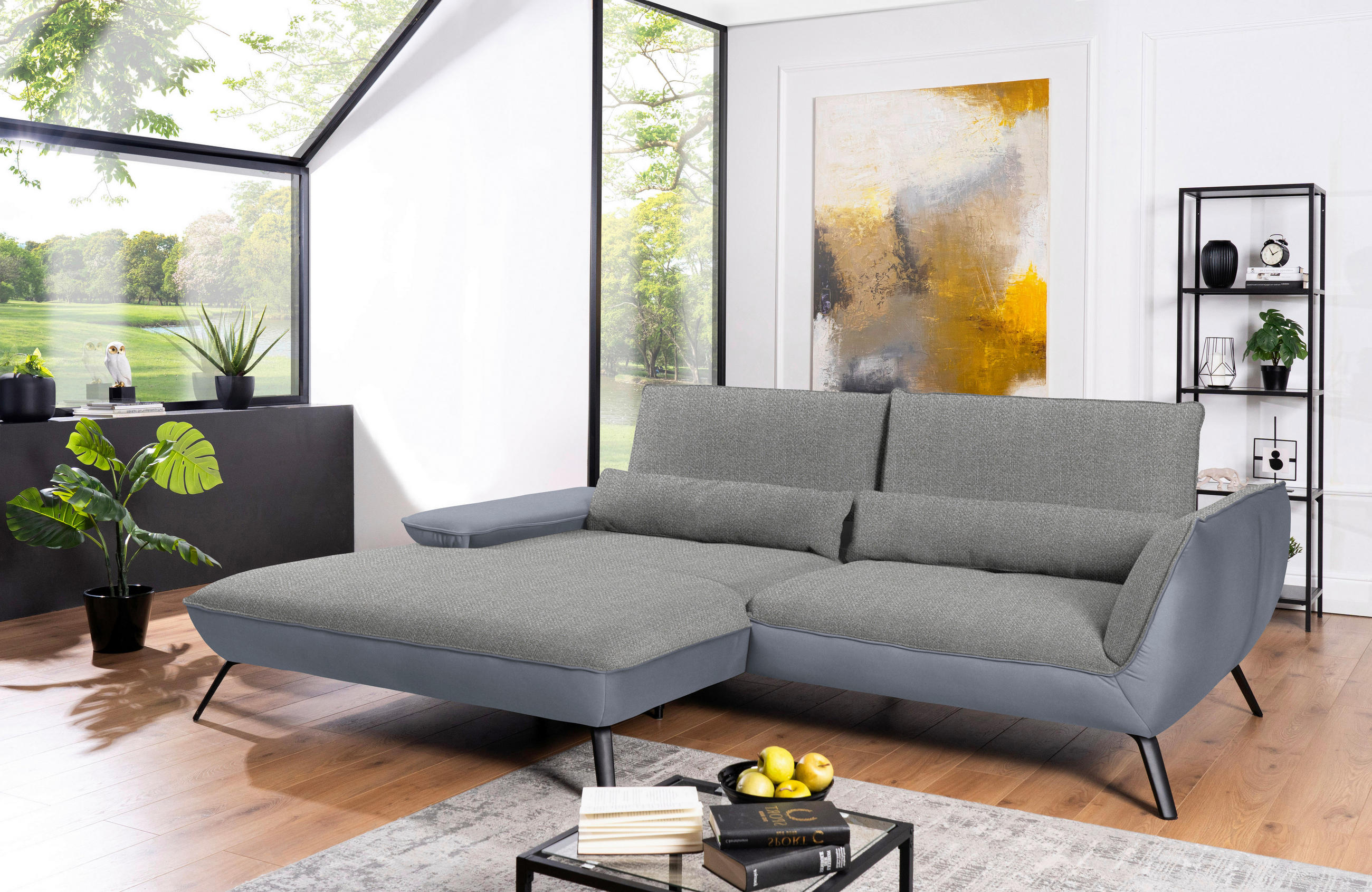 ECKSOFA in Flachgewebe Hellgrau  - Hellgrau/Schwarz, Design, Textil/Metall (191/273cm) - Moderano