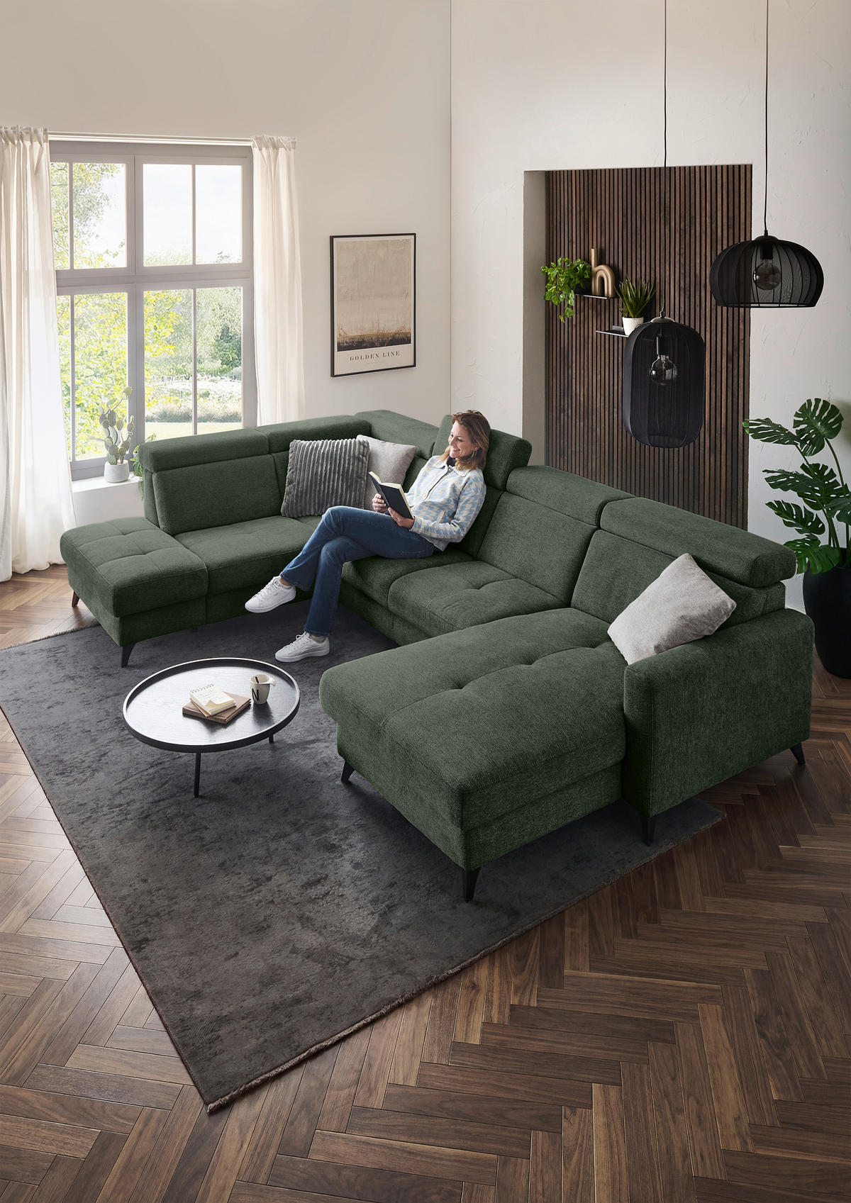 WOHNLANDSCHAFT Beldomo System Dunkelgrün Flachgewebe  - Dunkelgrün/Schwarz, KONVENTIONELL, Textil/Metall (215/333/174cm) - Beldomo System