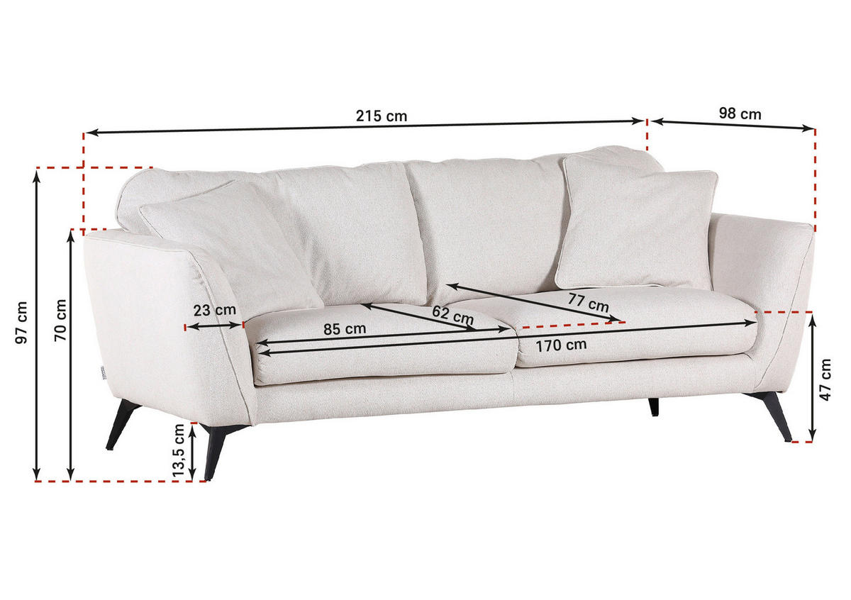 BIGSOFA in Chenille Hellgrau  - Hellgrau/Schwarz, Konventionell, Textil/Metall (215/70/98cm) - Carryhome