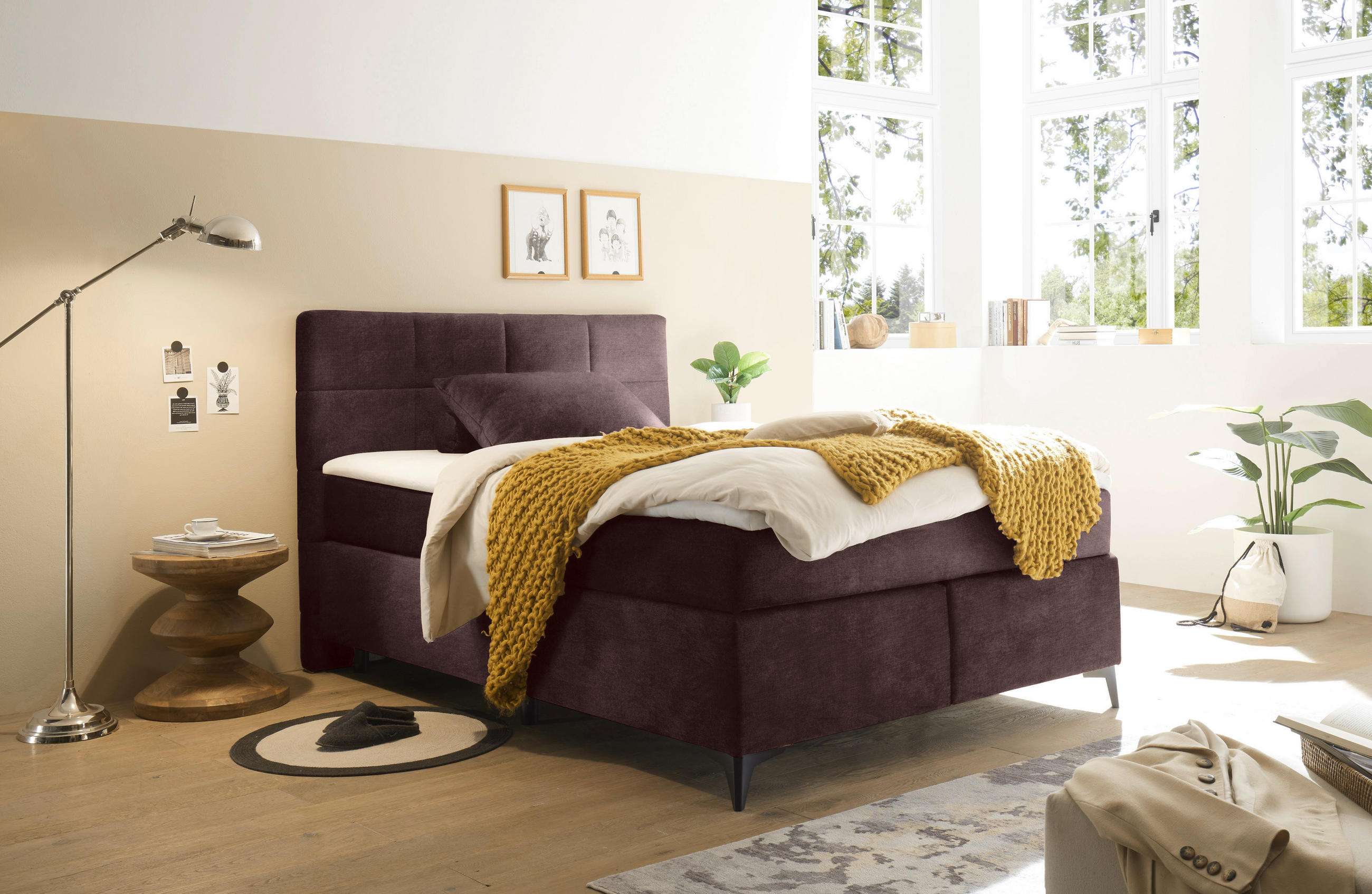 BOXSPRINGBETT 140/200 cm  in Aubergine  - Aubergine/Schwarz, Design, Holzwerkstoff/Kunststoff (140/200cm) - Xora