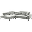 ECKSOFA Hellgrau Cord Rücken echt, Kopfteilverstellung, Sitzvorzug  - Hellgrau/Schwarz, KONVENTIONELL, Textil/Metall (219/311cm) - Hom`in