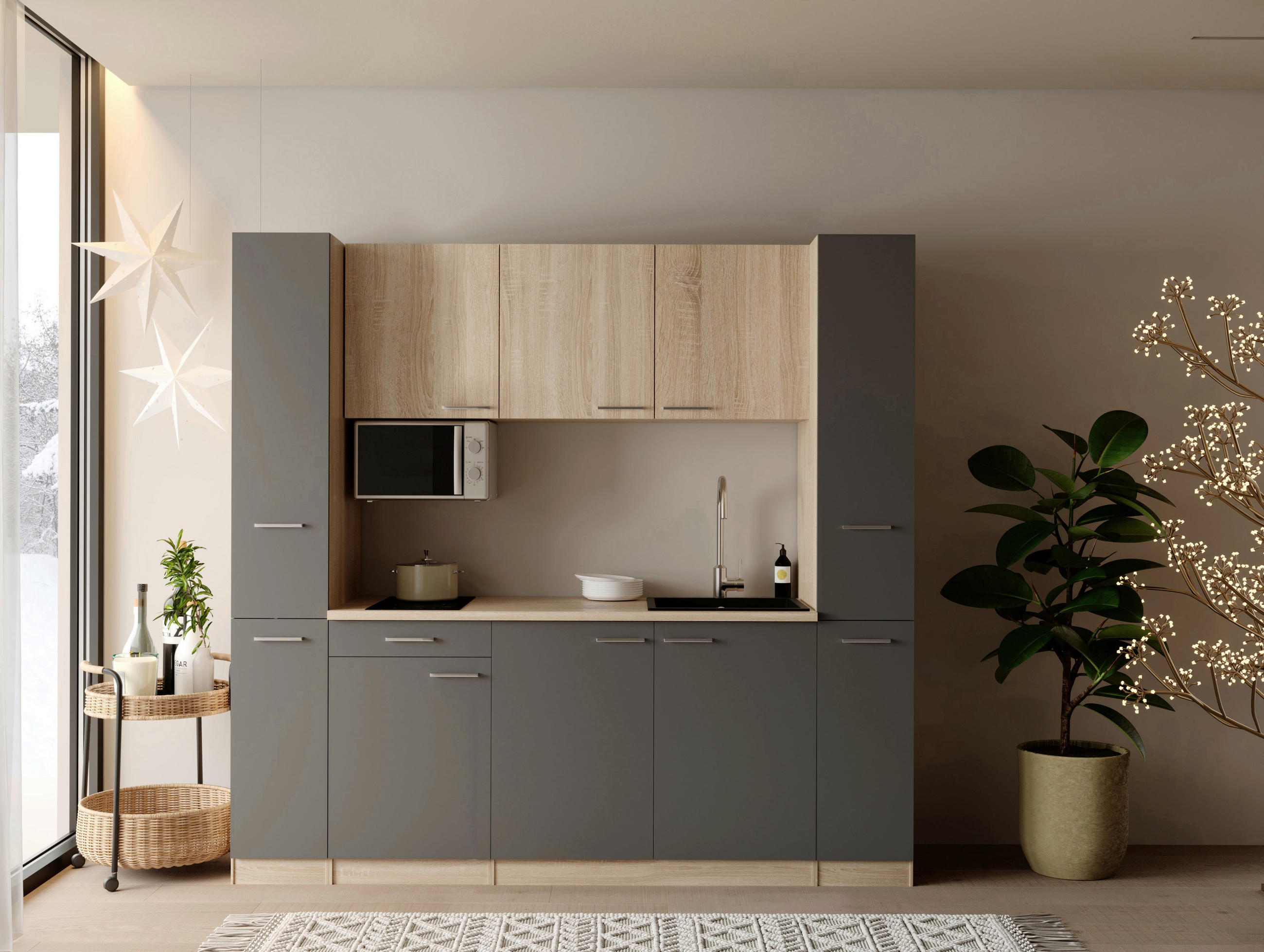 KÜCHENBLOCK Ingrid 210 cm  in Grau  - Eichefarben/Alufarben, Design, Holzwerkstoff/Kunststoff (210cm) - Respekta