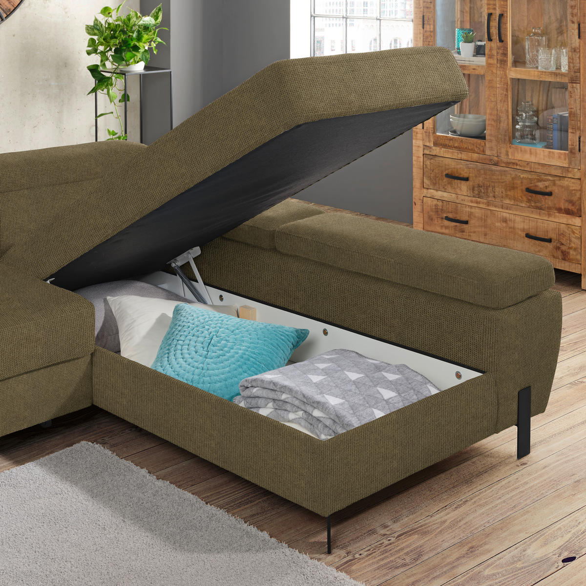 HÖRNSOFFA i vävt tyg olivgrön  - olivgrön/svart, Modern, metall/trämaterial (277/90/189cm) - MID.YOU