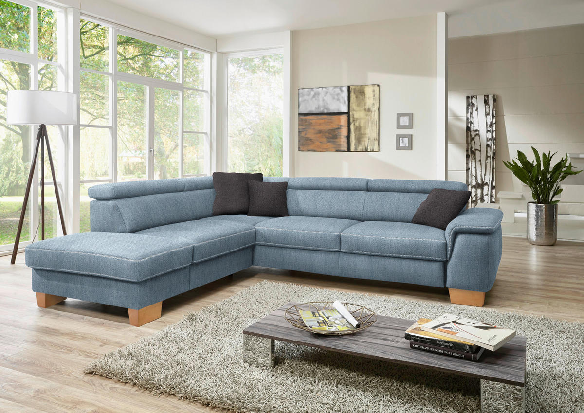 ECKSOFA in Mikrofaser Blau  226/273 cm  - Blau/Eichefarben, Natur, Holz/Textil (226/273cm) - Beldomo System