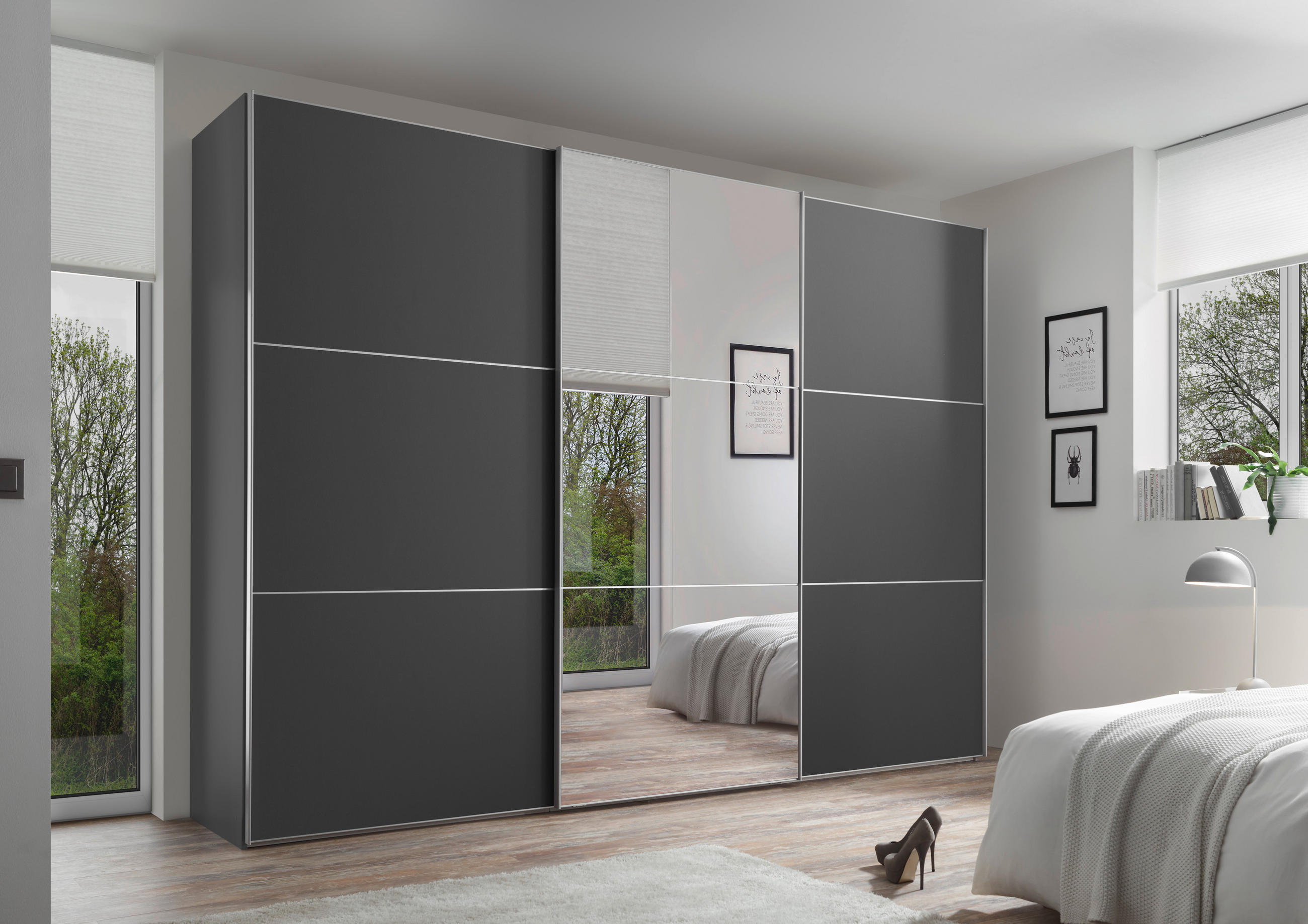 SCHWEBETÜRENSCHRANK 249/222/68 cm 3-türig Anthrazit  - Anthrazit/Alufarben, Holzwerkstoff/Metall (249/222/68cm) - Moderano