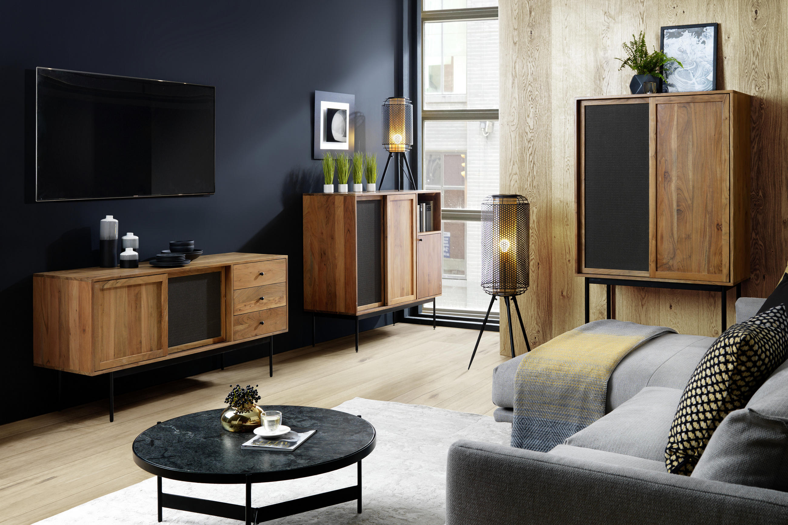 COMODĂ ÎNALTĂ 90/166/45 cm  - negru/culoare lemn acacia, Trend, materiale naturale/lemn (90/166/45cm) - Lomoco
