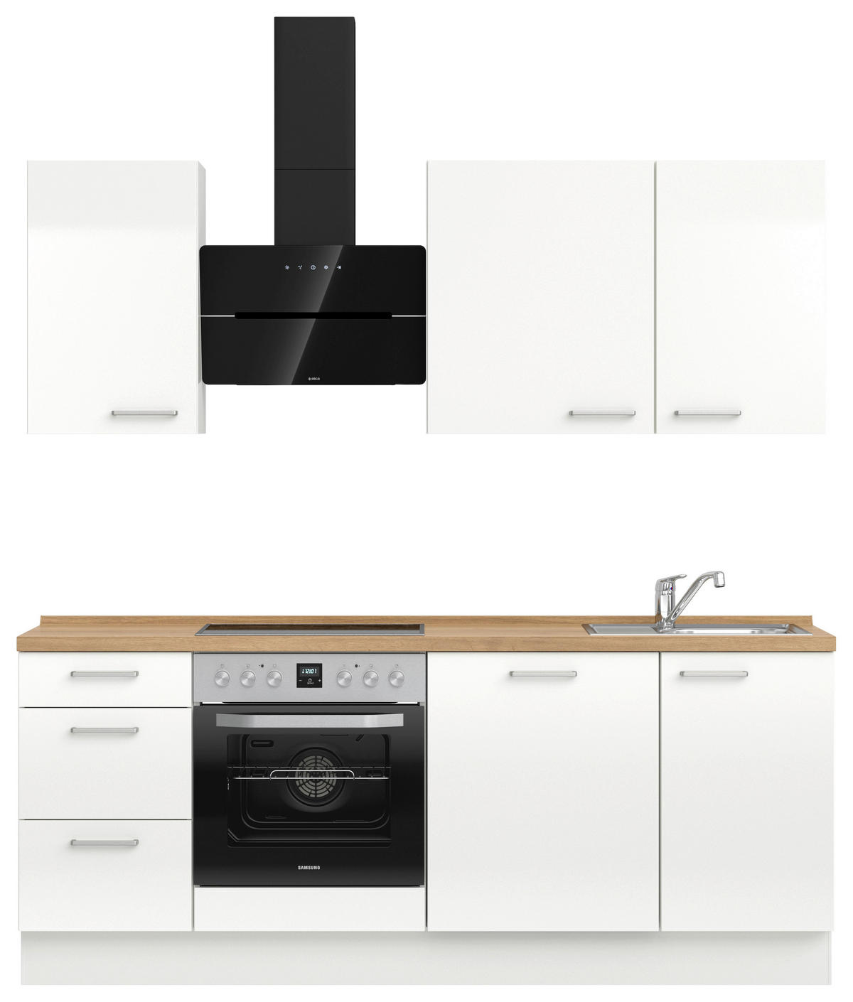 KÜCHENBLOCK Flash 210 cm  in Eichefarben, Weiß Hochglanz  - Edelstahlfarben/Eichefarben, MODERN, Holzwerkstoff/Metall (210cm) - Nobilia