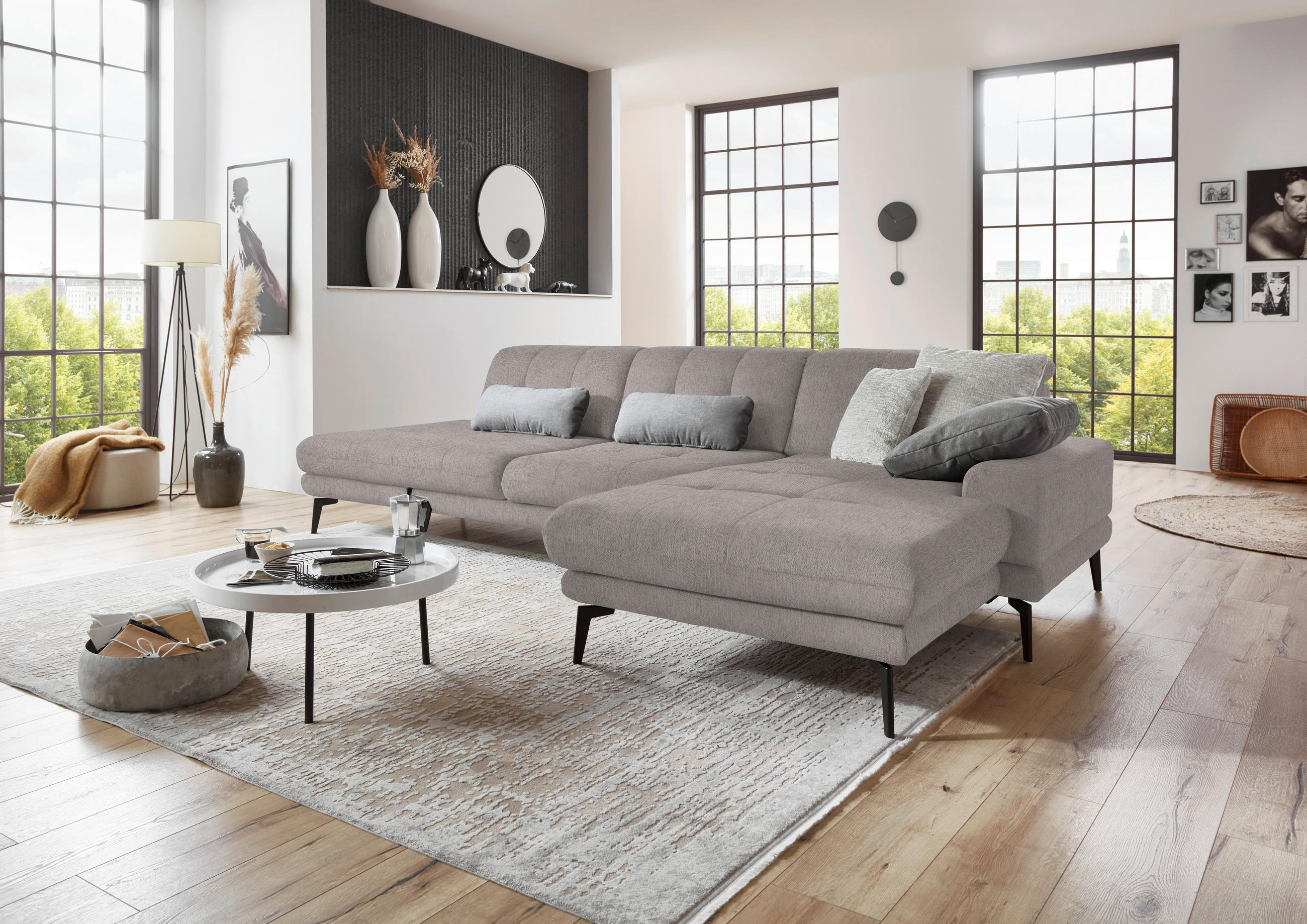 ECKSOFA in Flachgewebe Greige  - Greige/Schwarz, Design, Textil/Metall (309/190cm) - Beldomo Style