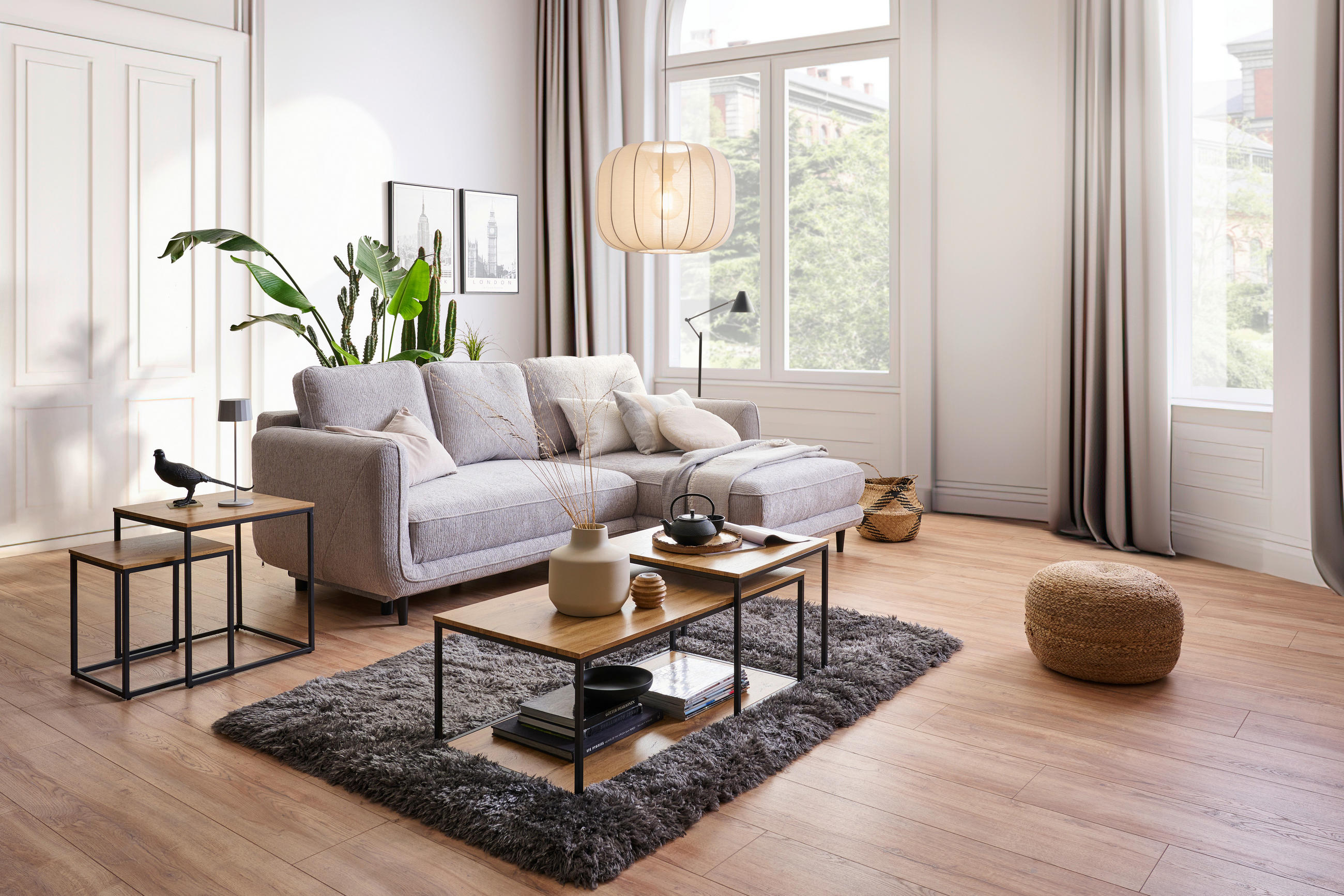ECKSOFA in Struktur Hellgrau  - Hellgrau/Schwarz, KONVENTIONELL, Holz/Textil (247/170cm) - Carryhome