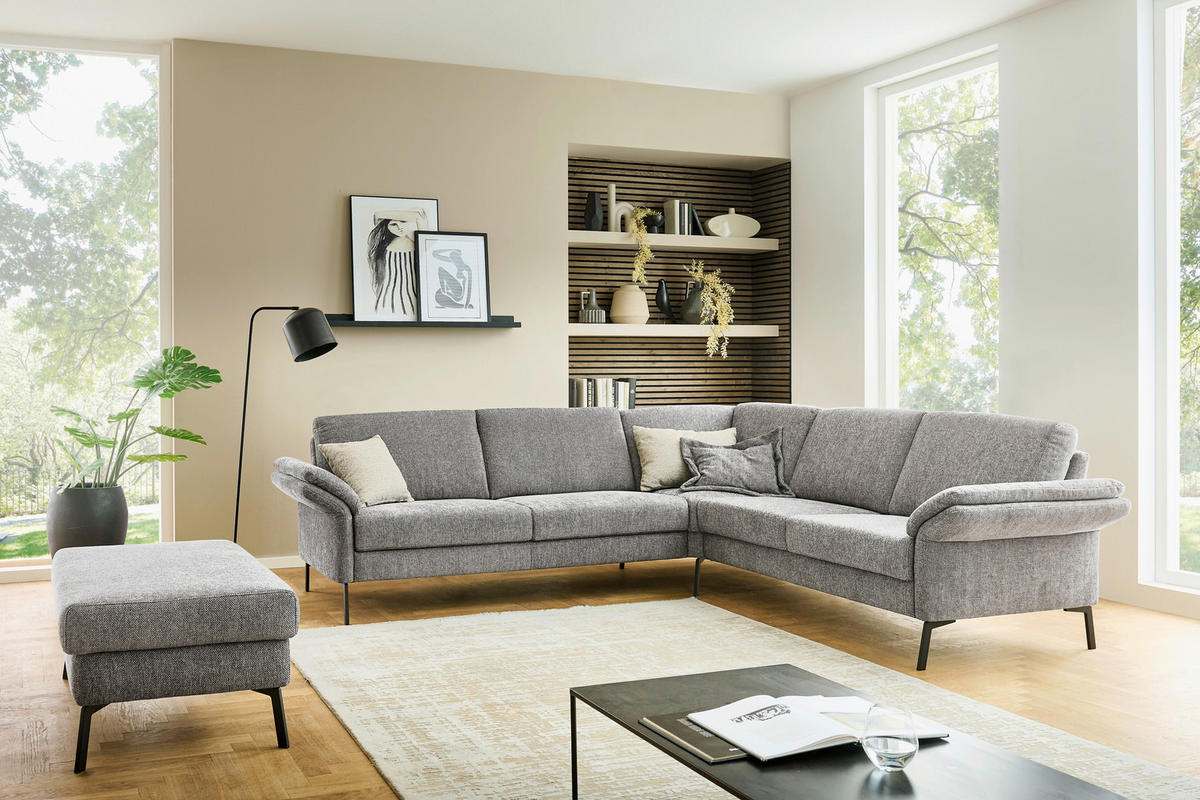 ECKSOFA Platinfarben Flachgewebe  - Platinfarben/Schwarz, KONVENTIONELL, Textil/Metall (273/253cm) - Pure Home Comfort