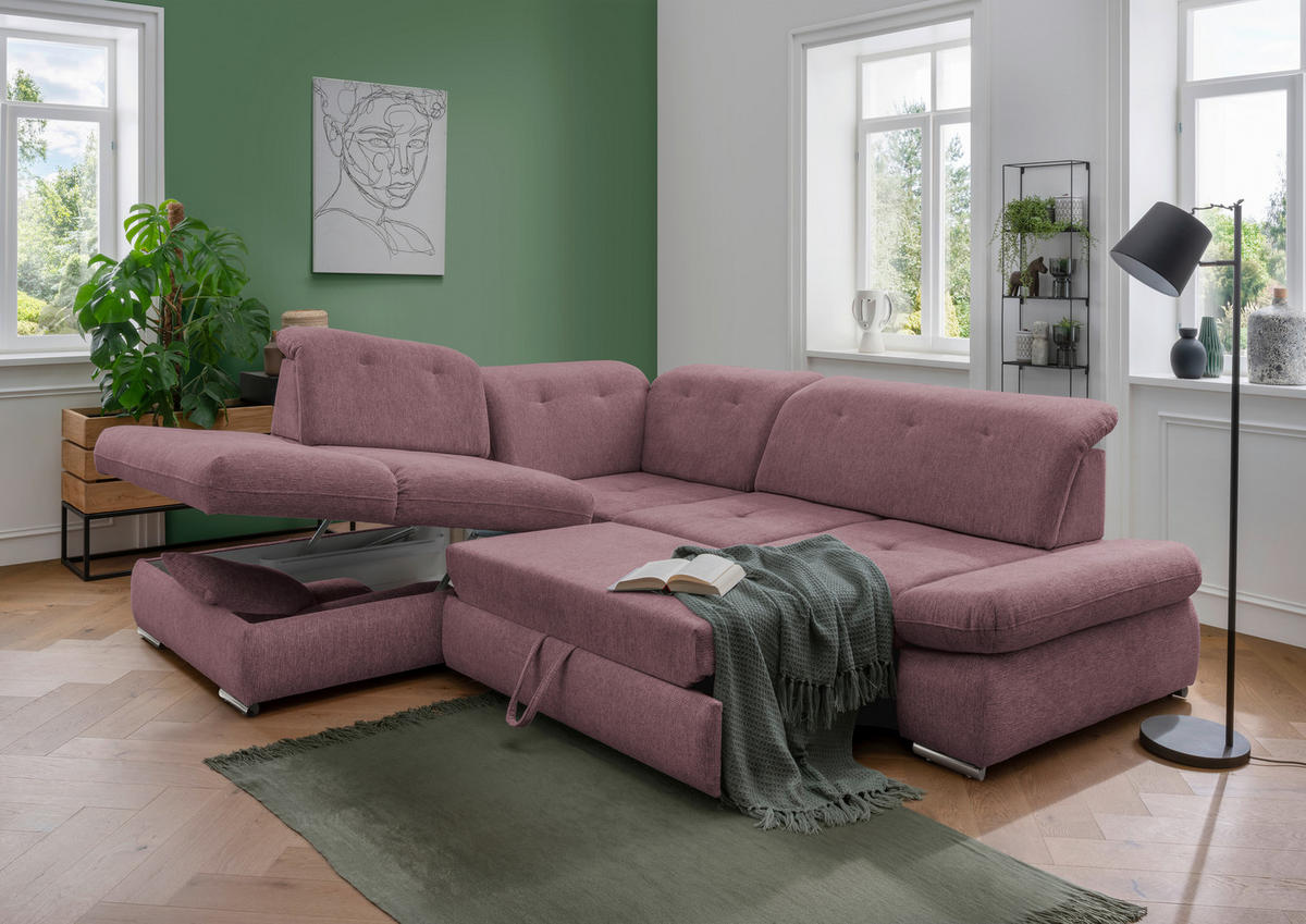ECKSOFA in Chenille Brombeere  254/280 cm  - Chromfarben/Brombeere, Design, Textil/Metall (254/280cm) - Livetastic