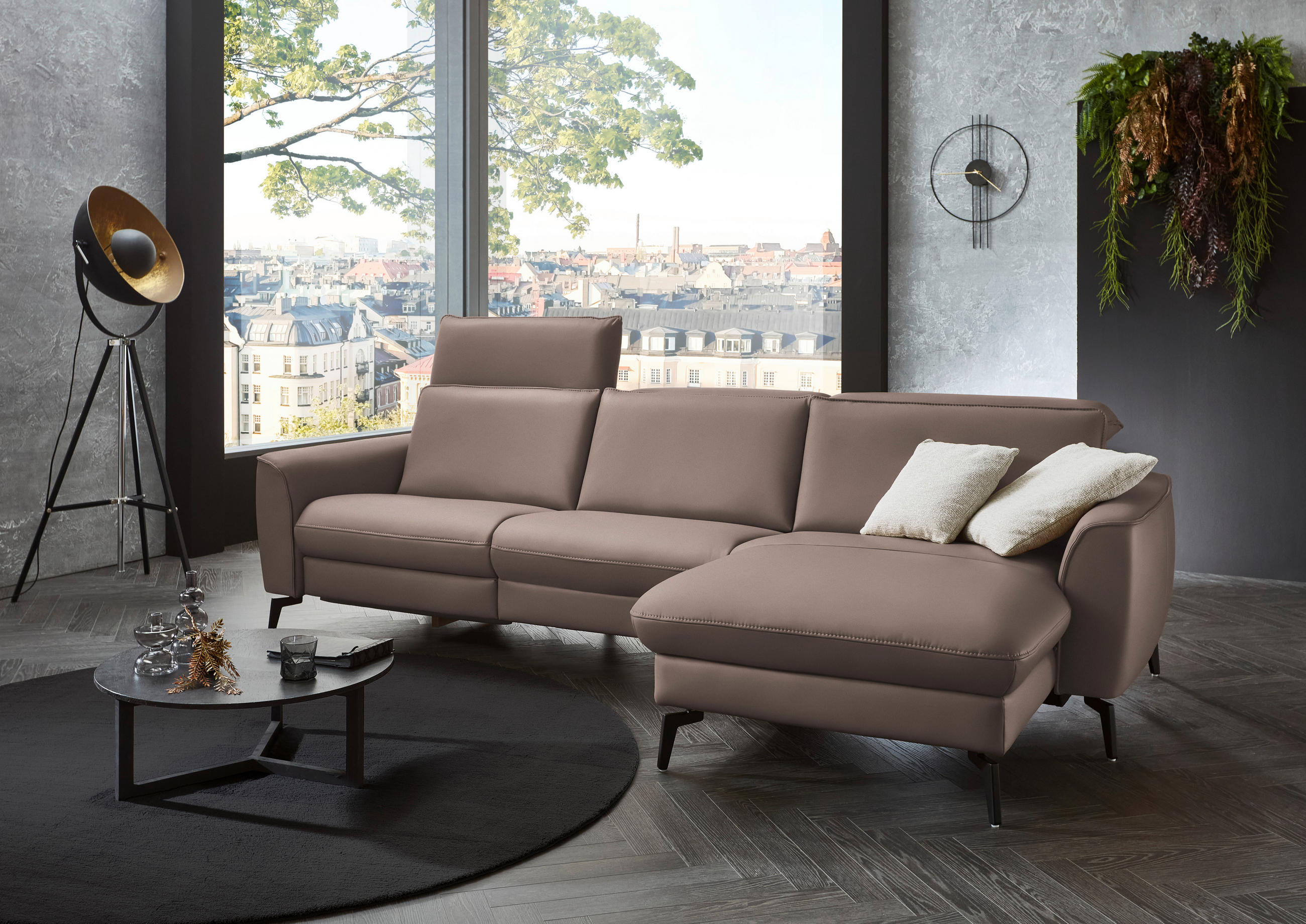 ECKSOFA in Echtleder Taupe  - Taupe/Schwarz, Natur, Leder/Metall (281/168cm) - Valdera
