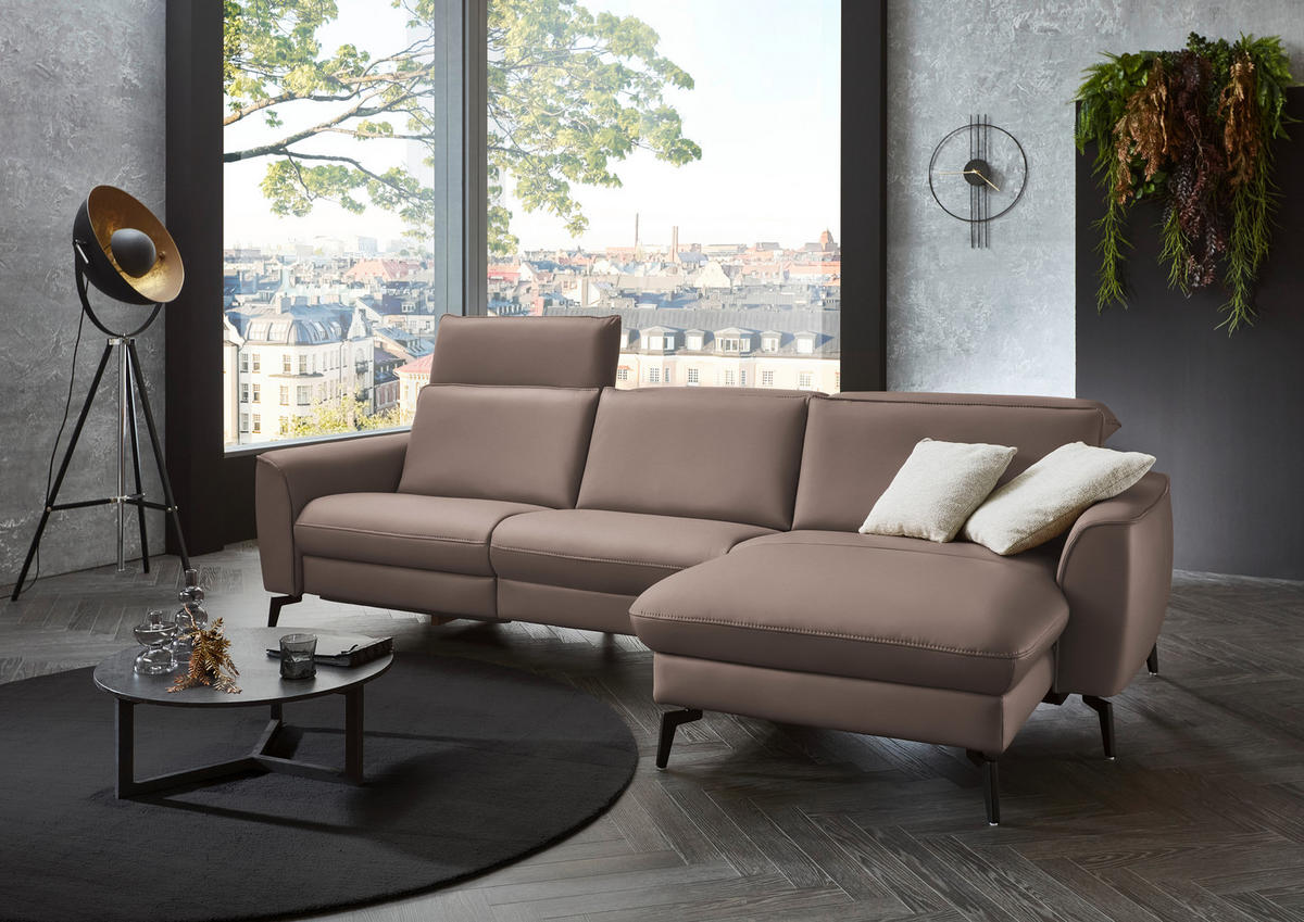 ECKSOFA in Echtleder Taupe  - Taupe/Schwarz, Natur, Leder/Metall (281/168cm) - Valdera