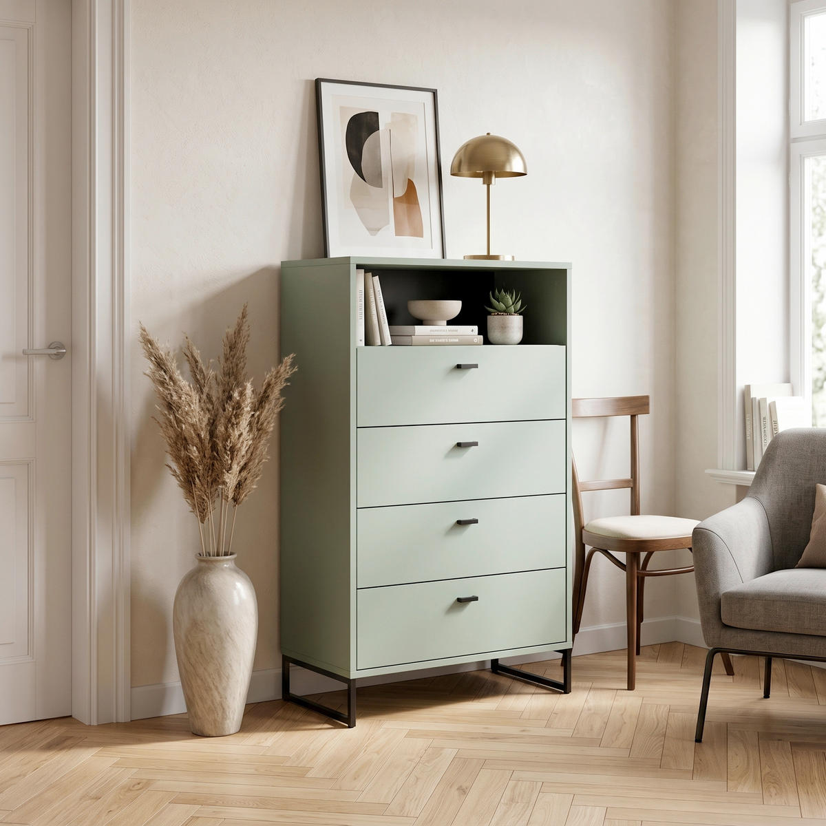 HIGHBOARD , 60,2/103,9/33,1 cm, 4 Schublade(n)  - Schwarz/Grün, LIFESTYLE, Holzwerkstoff/Metall (60,2/103,9/33,1cm) - MID.YOU