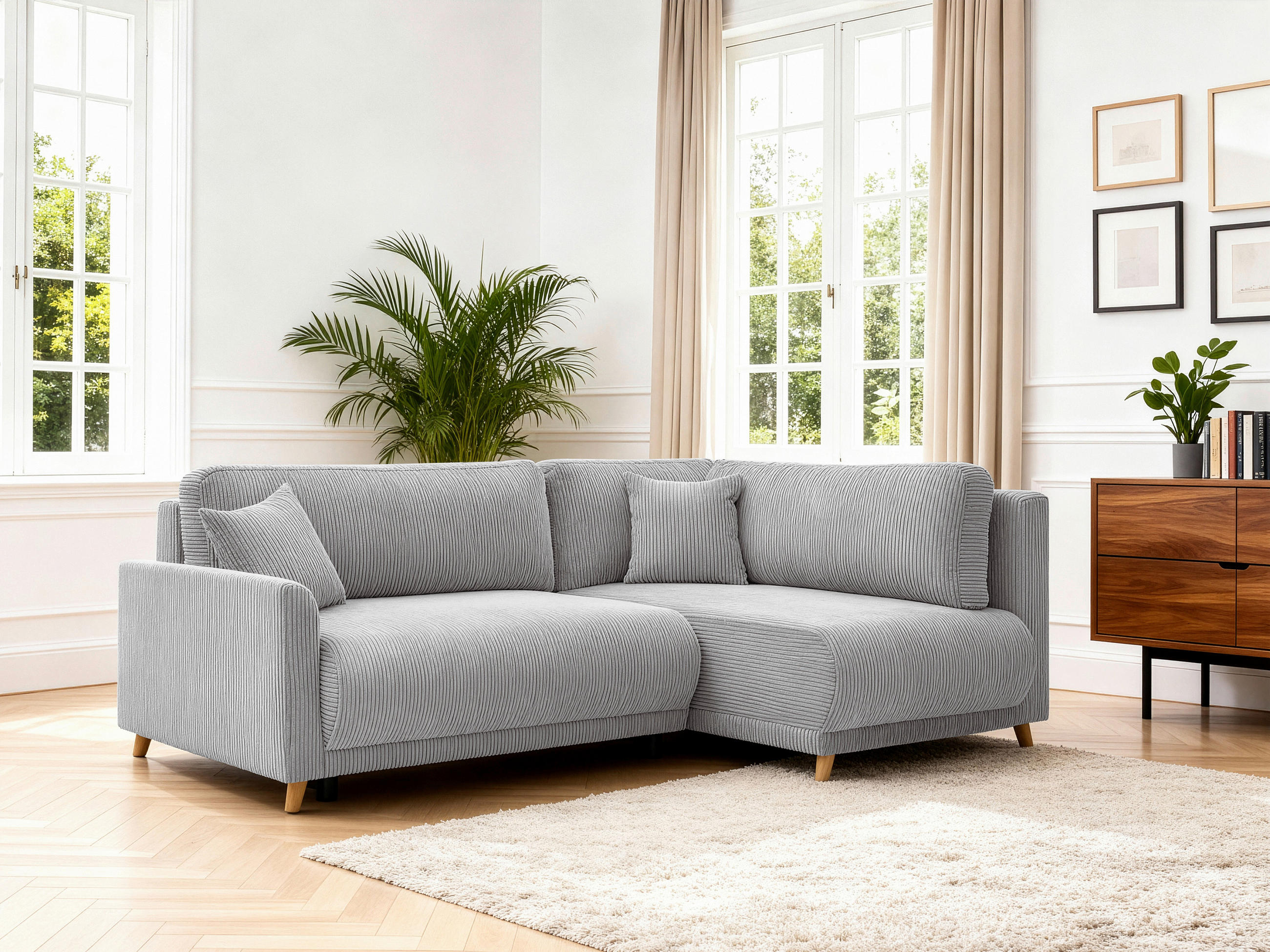 ECKSOFA MILOS Hellgrau Cord Rückenkissen, Bettkasten, Schlaffunktion, Rücken echt  - Hellgrau/Naturfarben, Design, Textil (224/148cm) - P & B