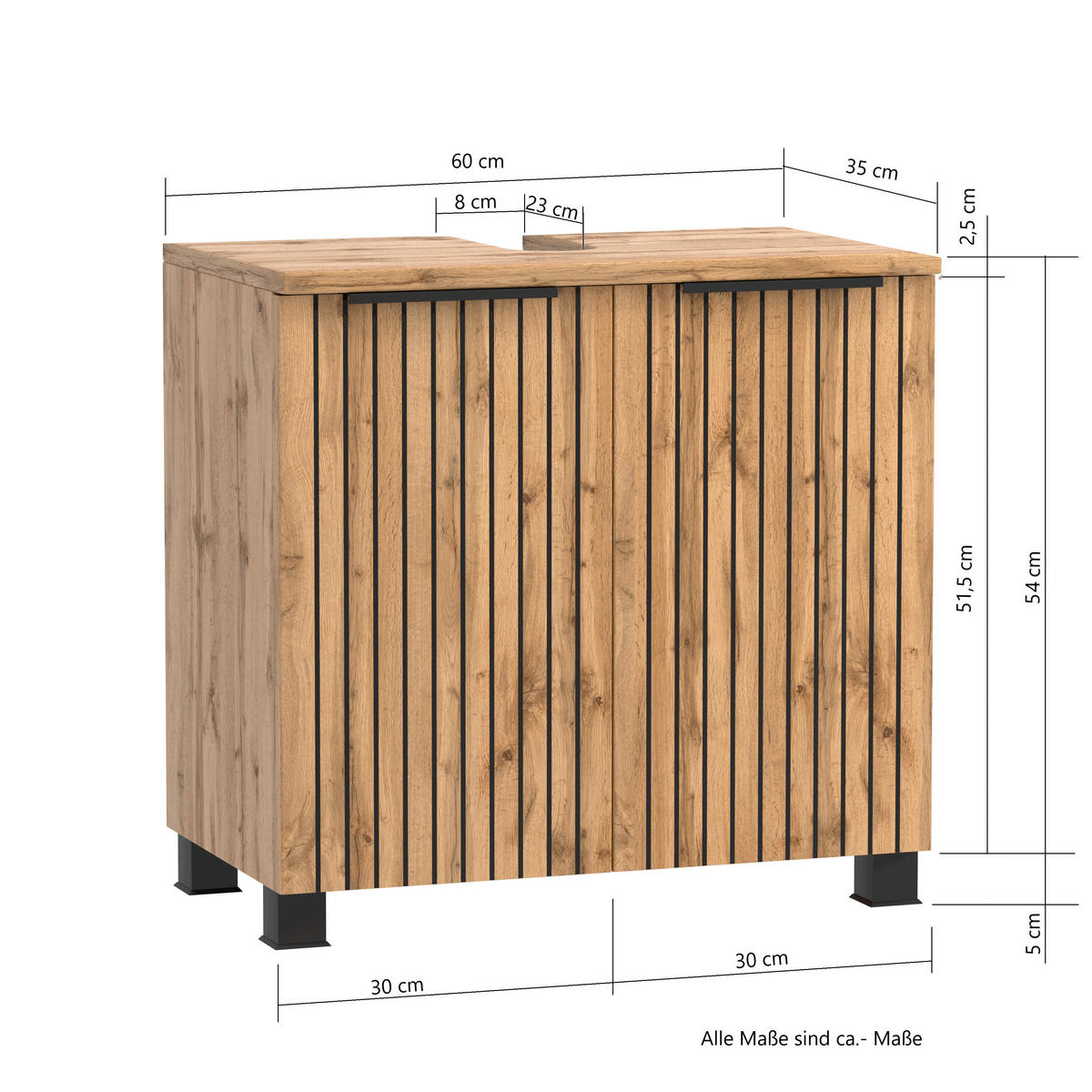 WASCHBECKENUNTERSCHRANK 60/54/35 cm  - Eiche Wotan/Schwarz, Modern, Holzwerkstoff/Kunststoff (60/54/35cm) - Held