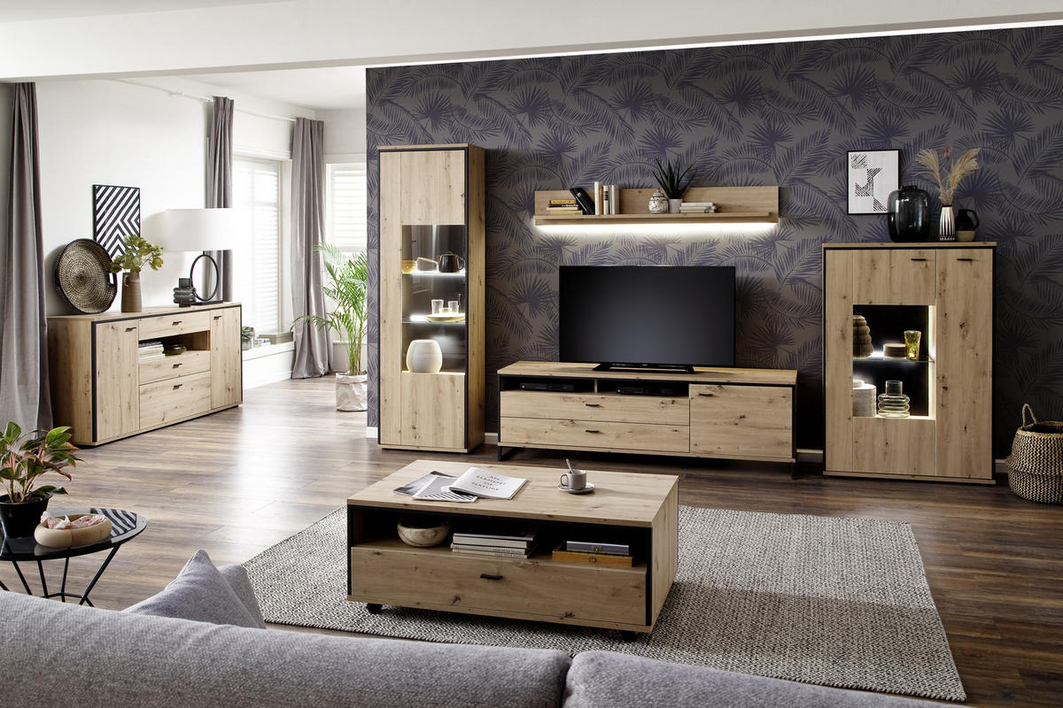 WOHNWAND  359/210/50 cm  in Anthrazit, Eichefarben  - Eichefarben/Anthrazit, Design, Glas/Holzwerkstoff (359/210/50cm) - MID.YOU