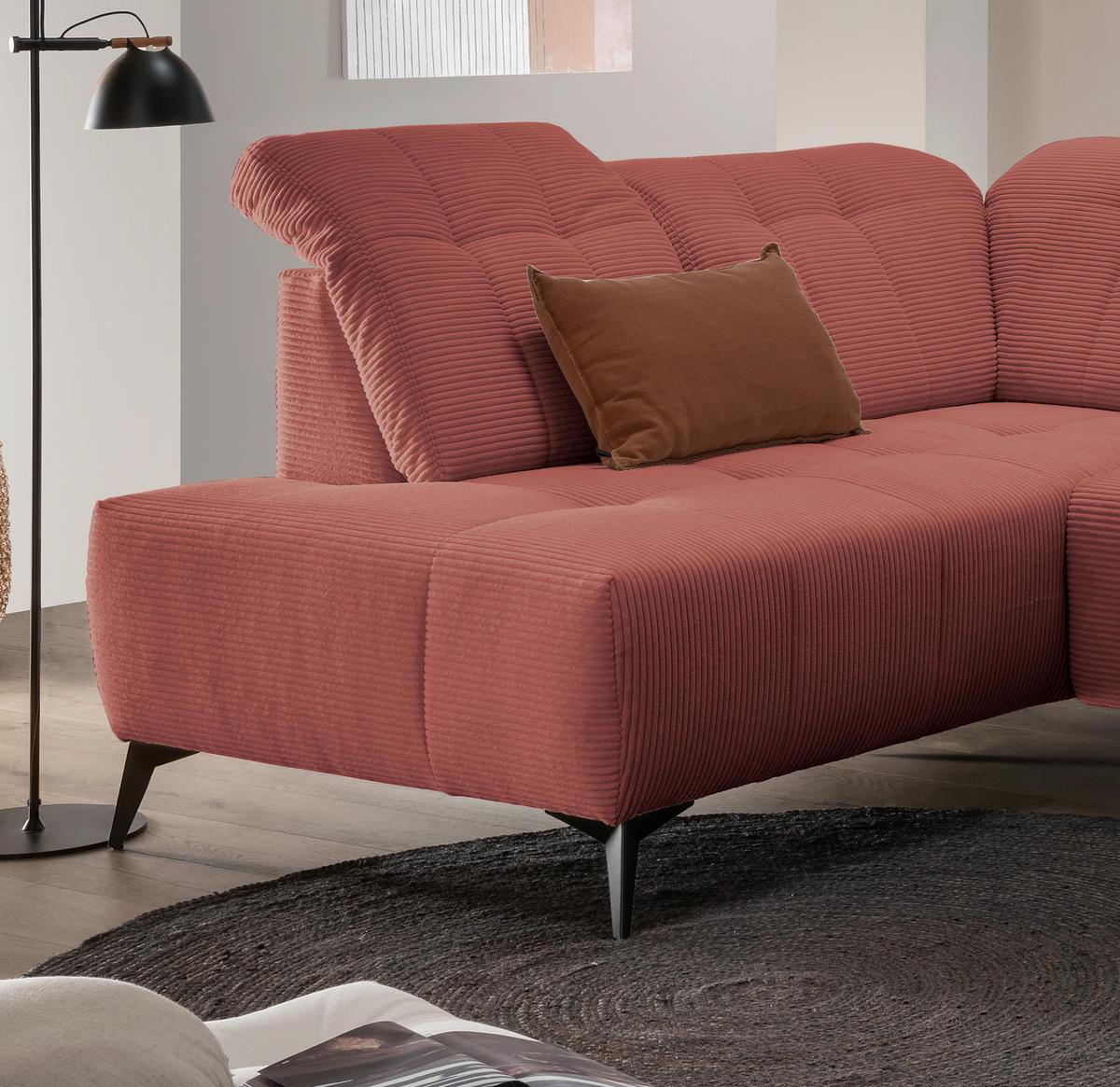 WOHNLANDSCHAFT SANO Koralle Cord  - Koralle/Schwarz, MODERN, Textil/Metall (200/337/180cm) - Livetastic