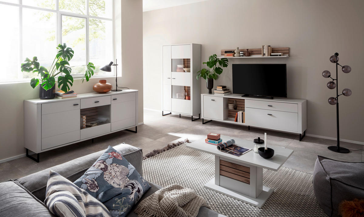 WOHNWAND  in Weiss, Eichefarben 326/185/44 cm  - Weiss/Eichefarben, Design, Glas/Holzwerkstoff (326/185/44cm) - Stylife