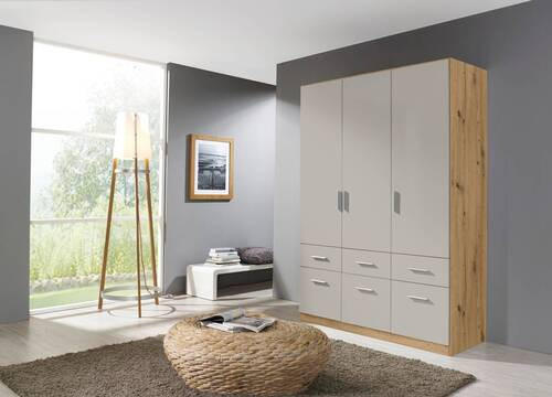 DREHTÜRENSCHRANK 136/197/54 cm 3-türig Hellgrau, Eiche Artisan  - Chromfarben/Hellgrau, MODERN, Holzwerkstoff/Kunststoff (136/197/54cm) - Rauch Möbel
