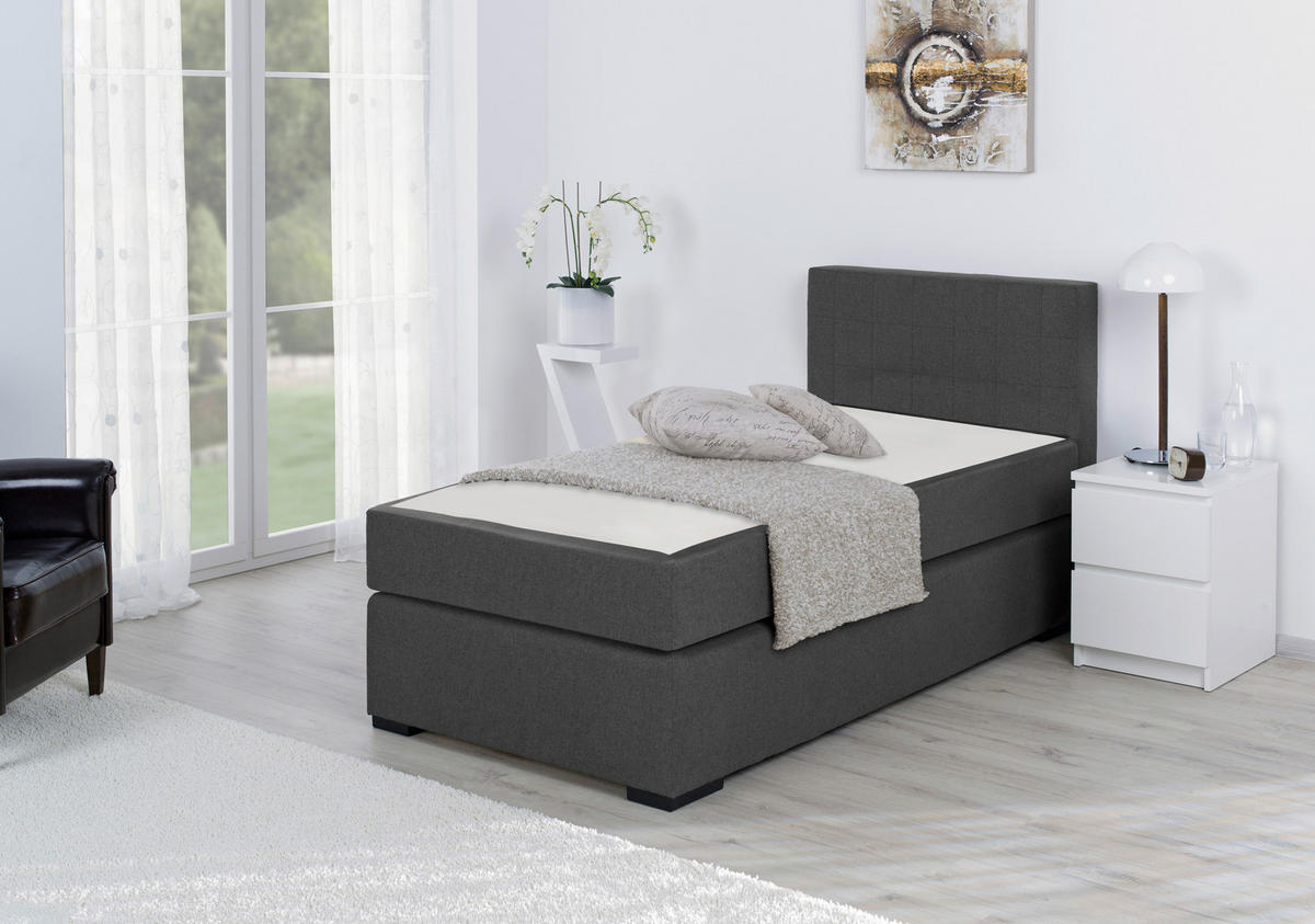 BOXSPRINGBETT 100/200 cm,  in Anthrazit, Matratze, Wendematratze mit unterschiedlichen Härtegraden, H2 + H3 = mittel + fest  - Anthrazit/Schwarz, KONVENTIONELL, Kunststoff/Textil (100/200cm) - Livetastic